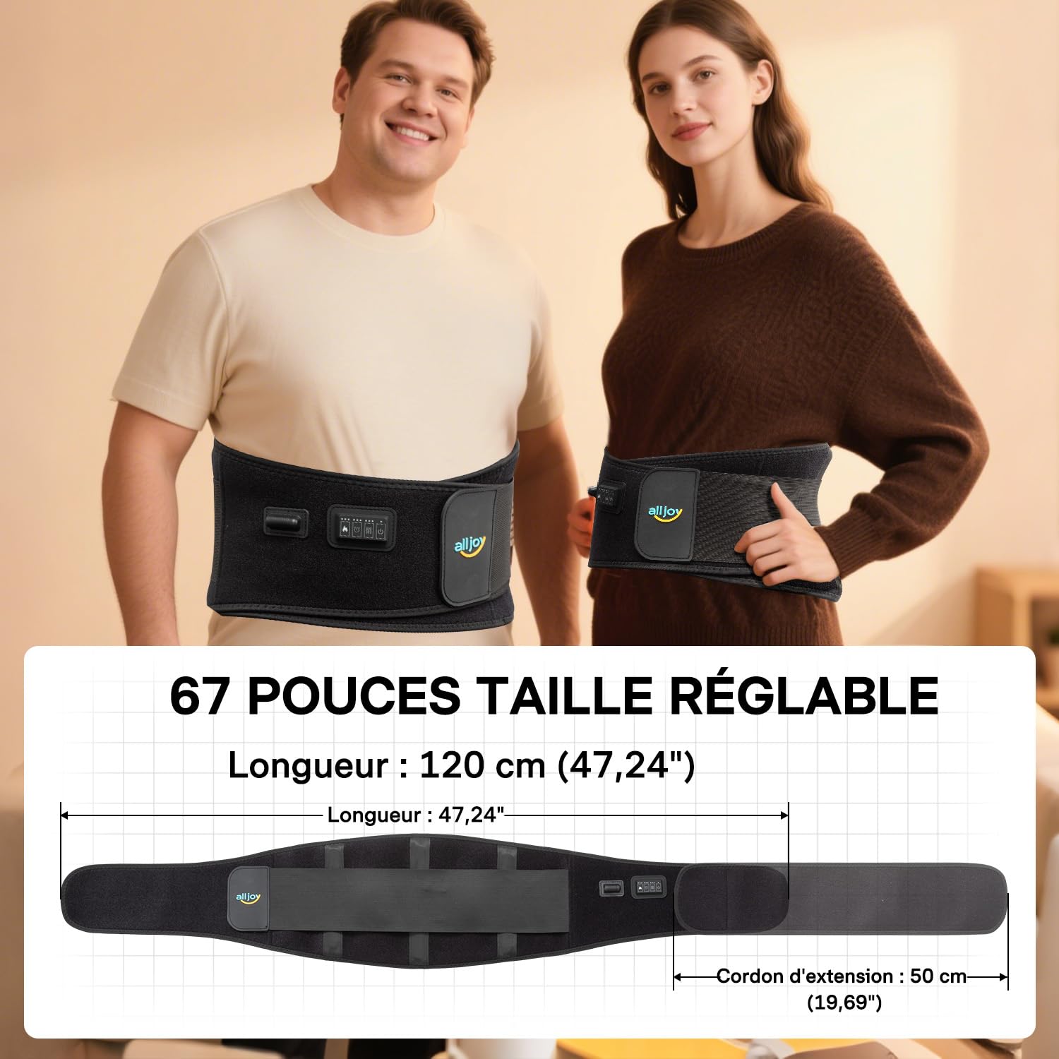 ALLJOY 170CM Ceinture Chauffante Lombaire, Cadeau Noel pour Homme Femme Parents, Coussin Chauffant Dos avec 5 Massage Vibratoire et 3 Niveaux de Température, Minuterie 3 Temps (avec Fil)