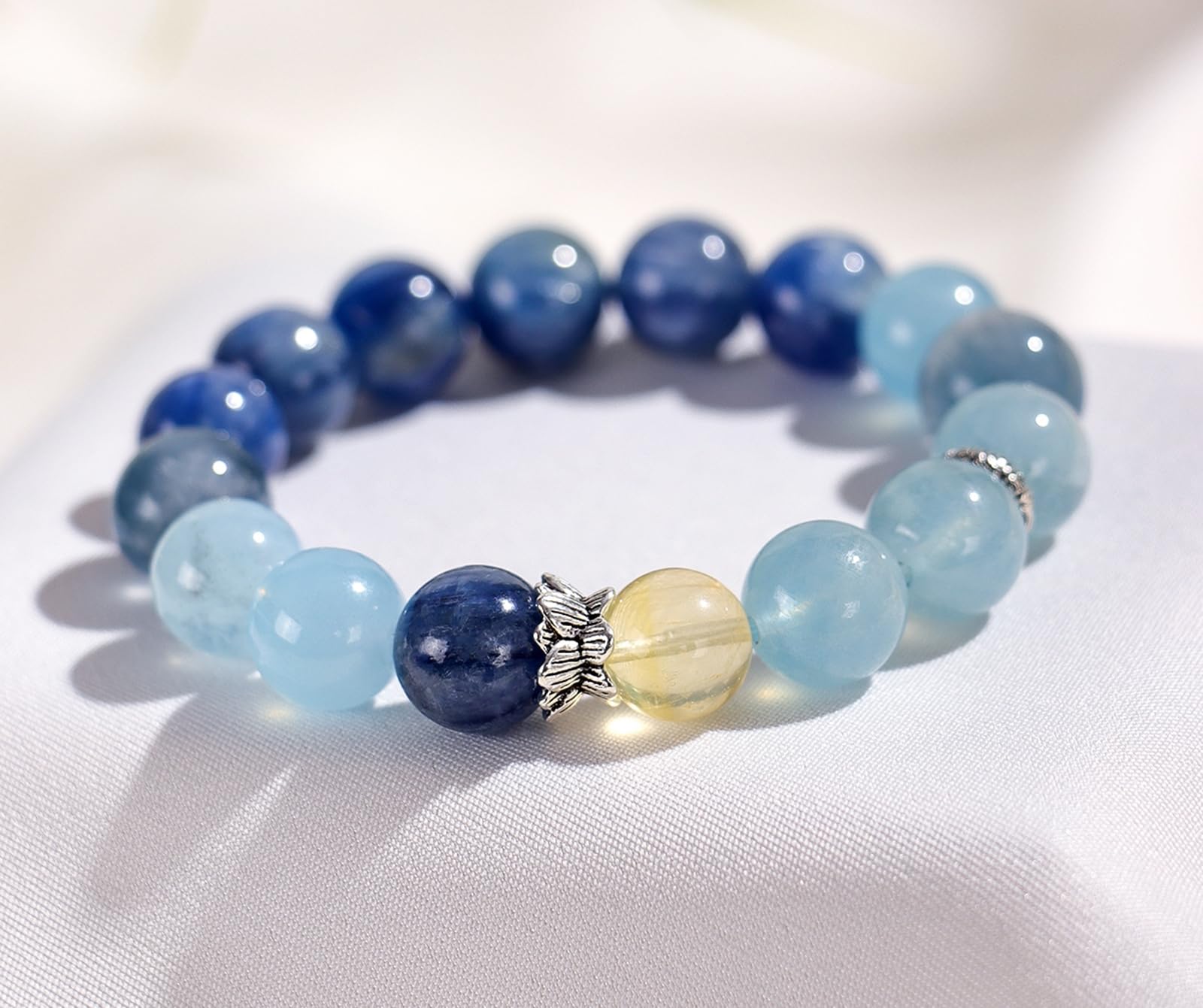 Pulsera de Cristal Natural Estilo Chino Flor de Resina Amarilla Zafiro Azul Cuentas de Cuarzo Blanco Hechas a Mano joyería de Regalo para Mujer,B