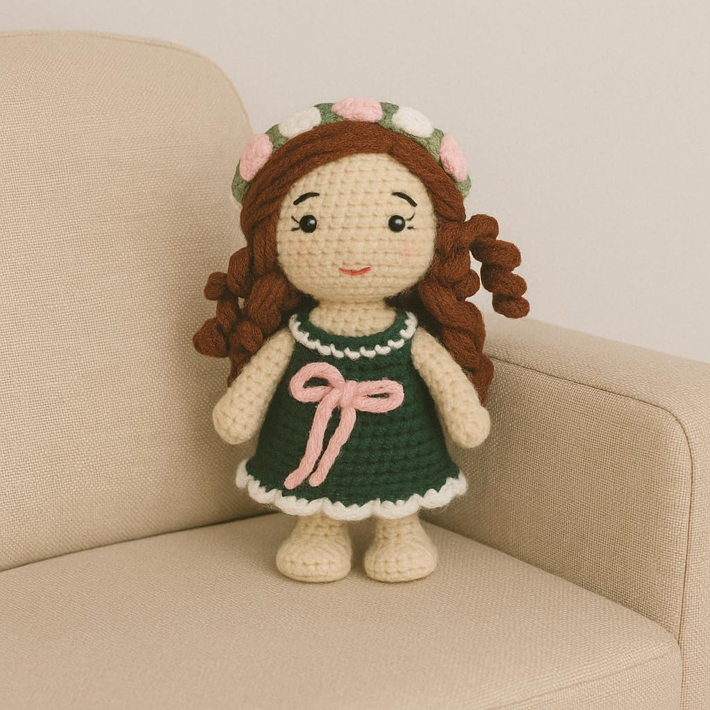 Sutra Handmade Crochet Doll in Green Dress with Pink Bow – Amigurumi Soft Toy with Floral Hat, Cute Collectible Gift for Girls & Home Decor