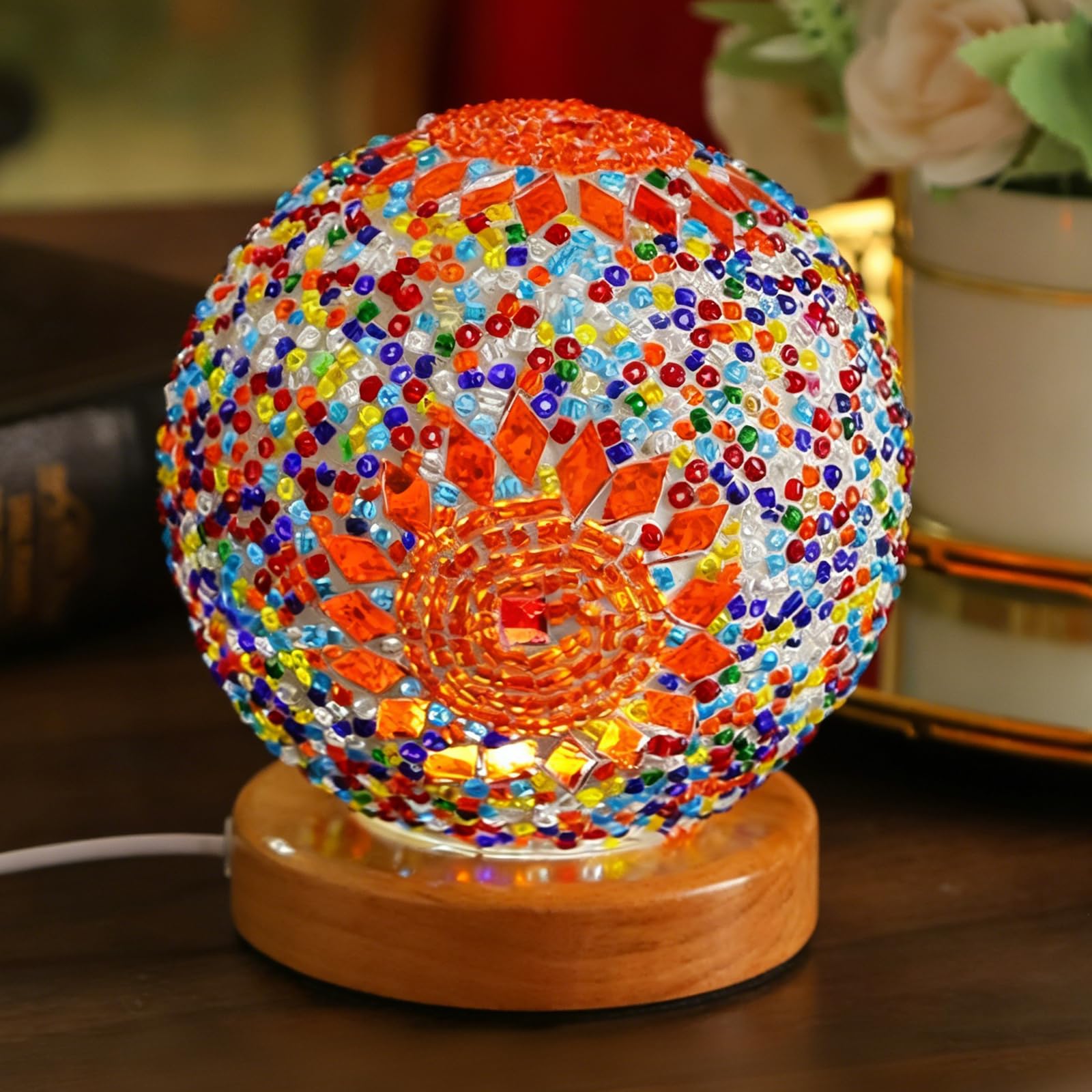 wpdash Vintage Turkish Night Lights Mosaic Glass Lamps with Wooden Base 5V Bohemian Bedside Lamp Ramadan/Eid Decorations Yoga & Meditation Lamp Holiday Gathering Decor (Boho-Orange, Boho) — image 1