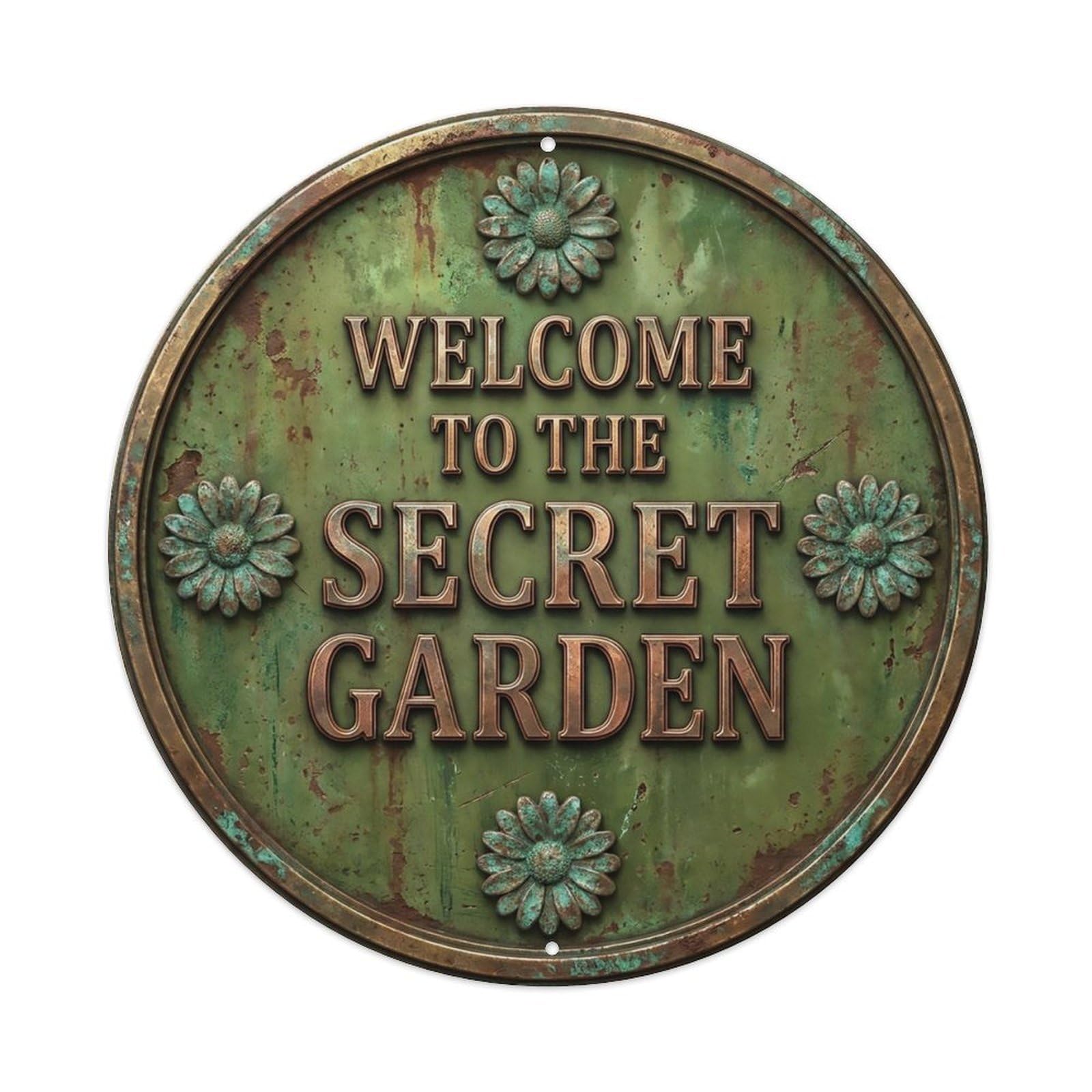 Vintage Welcome Secret Garden Brass Olive Daisy Metal Tin Sign