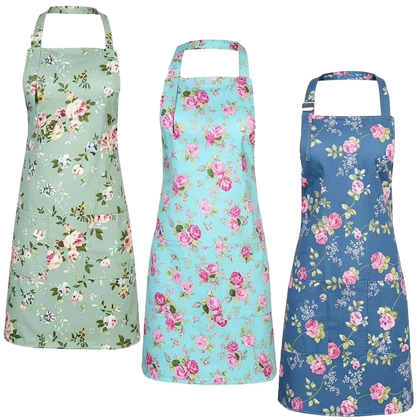 YILANJIN Adjustable Kitchen Aprons for Women - Set of 3 - Floral Pattern with Practical Pockets, Women's Kitchen Apron for Home and Restaurants - Durable, Comfortable and Stylish, multicoloured, One