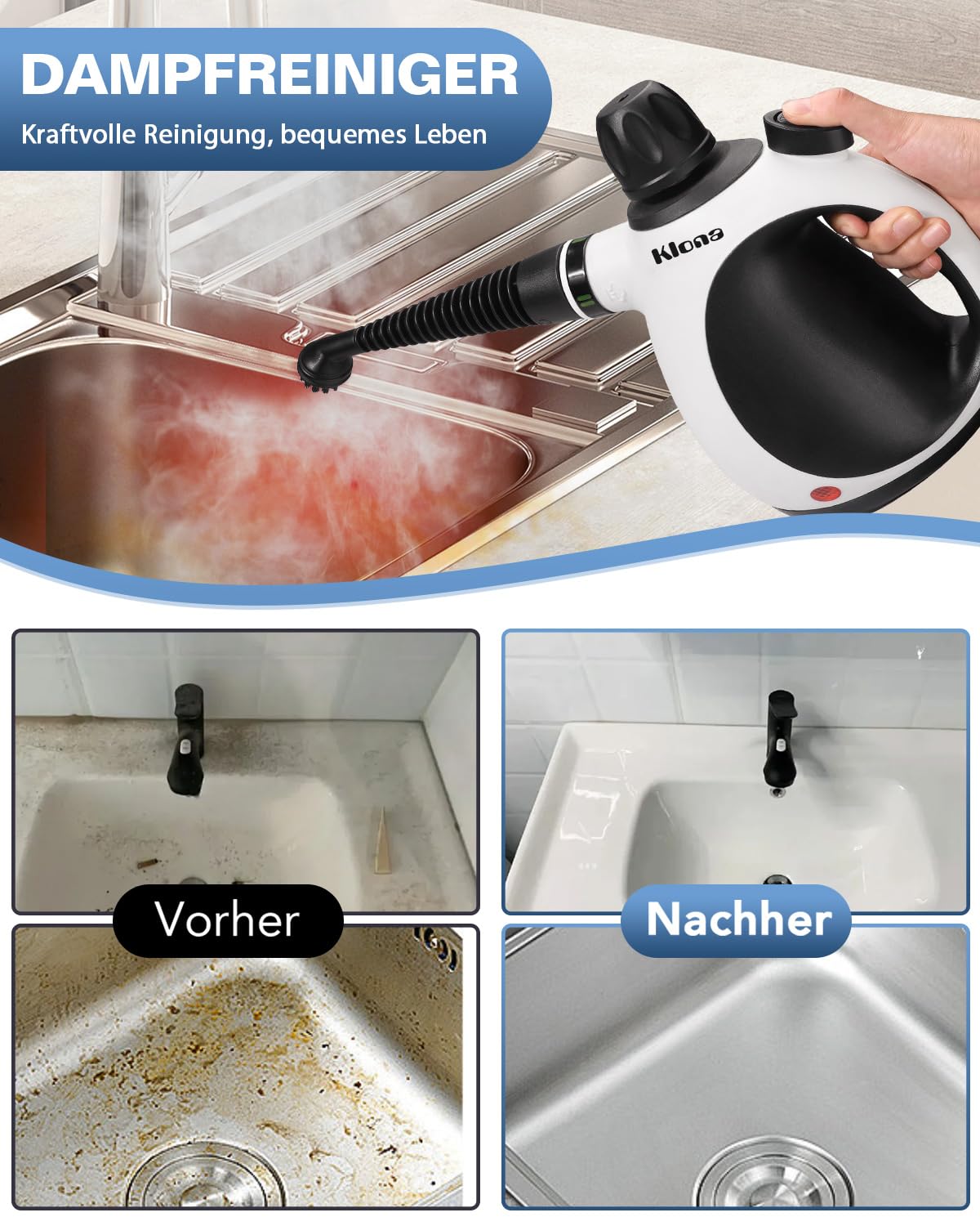 KLONA Handdampfreiniger, Dampfreiniger für Zuhause, Mehrzweck-Dampfreiniger mit 10 Zubehörteilen für Teppiche, Vorhänge, Sofas, Küche, Badezimmer und mehr.