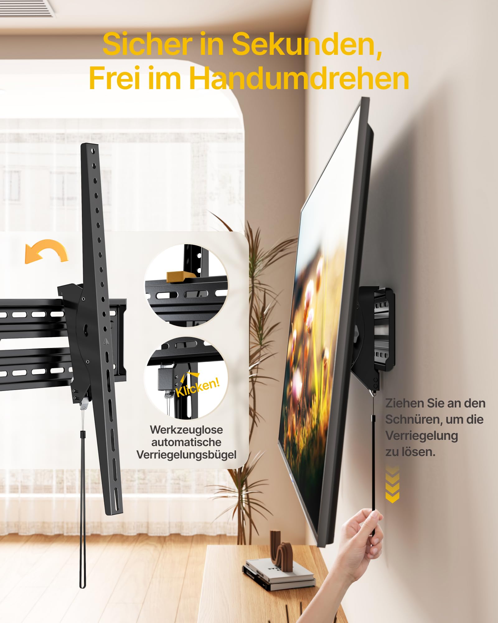 monTEK Ultradünn TV Wandhalterung für 50–100 Zoll LCD/LED/Plasma | Neigbar, Bis zu 100kg Tragkraft, Verstellbare Zugschnüre, Max. VESA 900x600