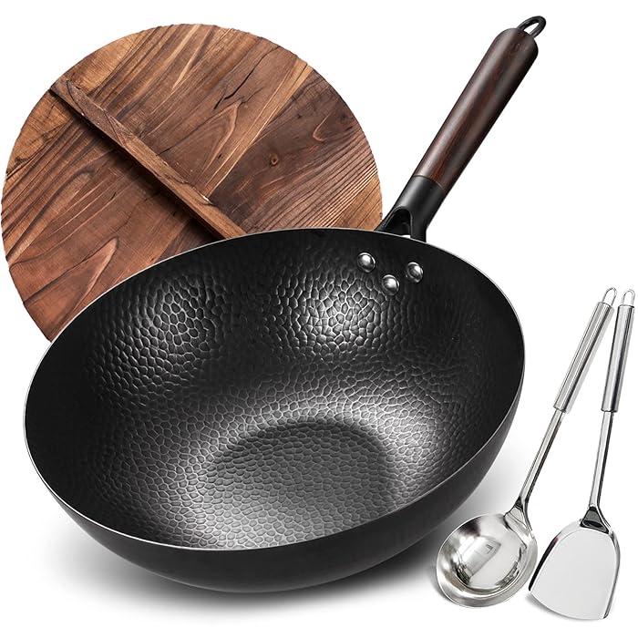 Buy Anyfish Carbon Steel Wok Pan 12.5" Woks and Stir Fry Pans with Lid, No Chemical Coated