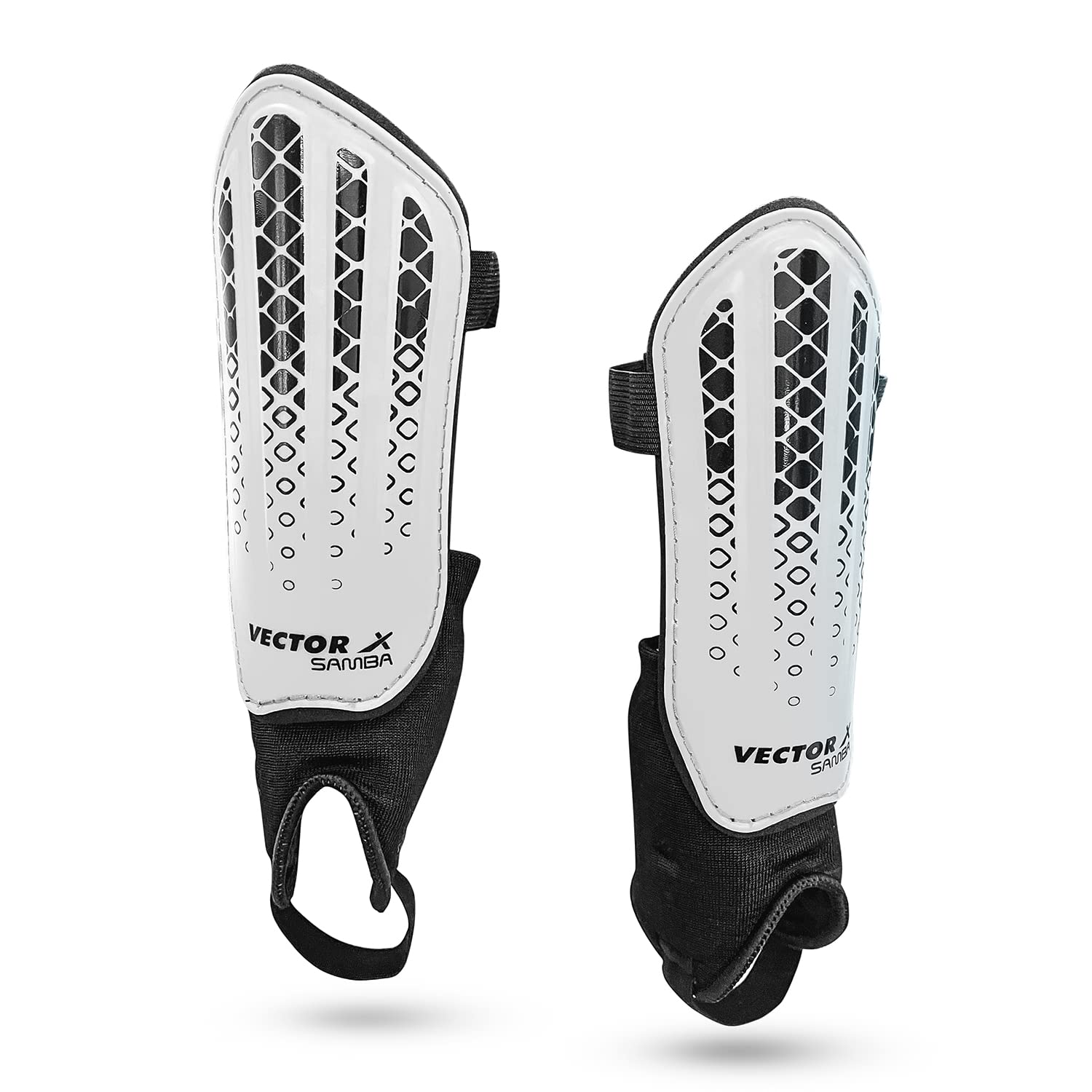 Vector X Samba Shinguard with Ankle Adjustable | Training and Practice | for Girls and Boys | (Junior, White-Black)
