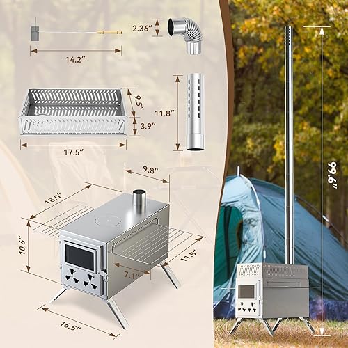 Miniatura 7 de Estufa de tienda de campaña caliente para sauna, estufa de leña con 8 tubos de chimenea de acero inoxidable, estufa de leña plegable portátil para
