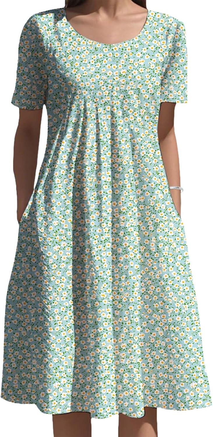 Womens Floral Printed Dresses Baggy Short Sleeve Crew Neck Comfy Oversized Long Dress with Pockets for 2025 Summer