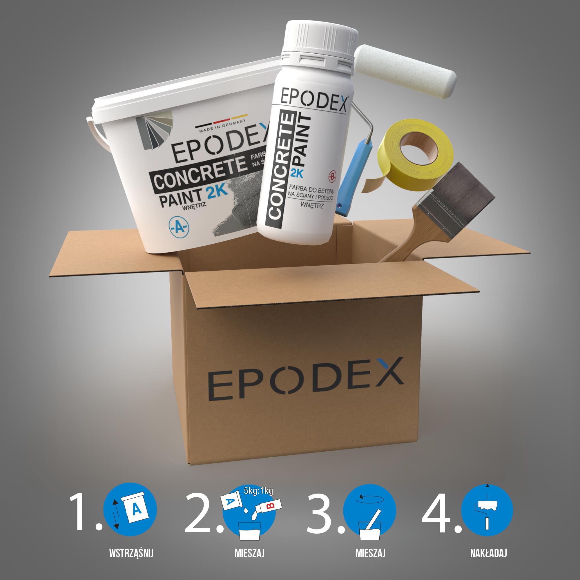 EPODEX FARBA DO BETONU 2K - Farba do posadzek, powłoka do podłóg garażowych - Wodoodporna - Do piwnic, garaży, warsztatów - Wnętrza, 3,6kg (9m² na 2 warstwy) - Polarna biel
