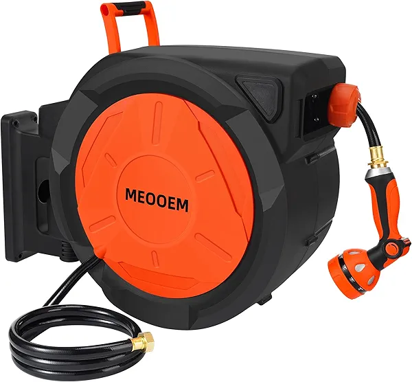 5/8 Inch 100FT Retractable Garden Hose Reel Wall Mounted 10-Pattern Nozzle, Any Length Lock Auto Rewind, 180° Swivel Bracket Auto Water Hose Reel Heavy Duty for Outside (3/4" Brass Fitting)