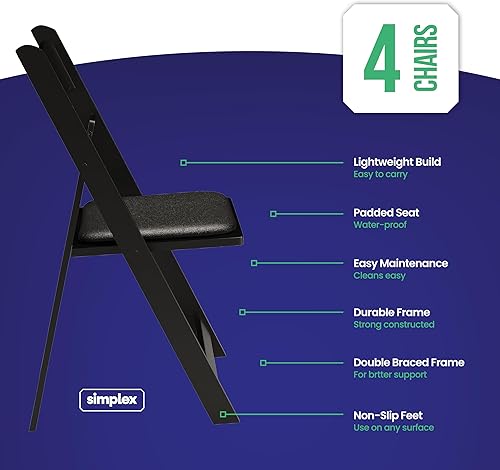 Miniatura 3 de SIMPLEX 4 sillas plegables apilables de resina negra, cómoda silla plegable negra, sillas plegables con asientos acolchados, sillas plegables para