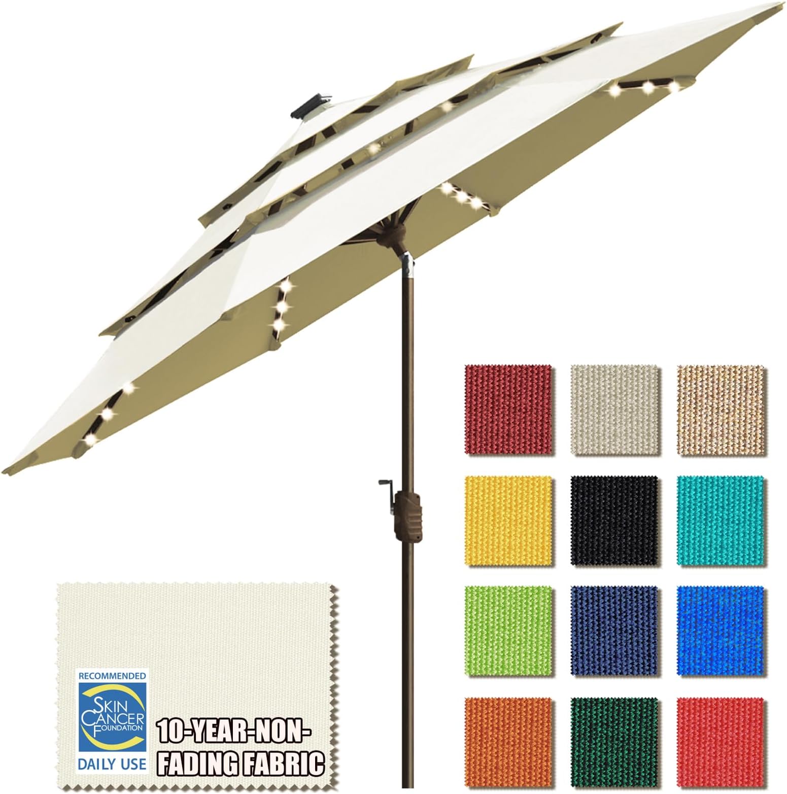 USA 10-Year-Non-Fading Solar 9ft 3 Tiers Market Umbrella with 80 LED Lights Patio Umbrellas Outdoor Table with Ventilation（Natural）