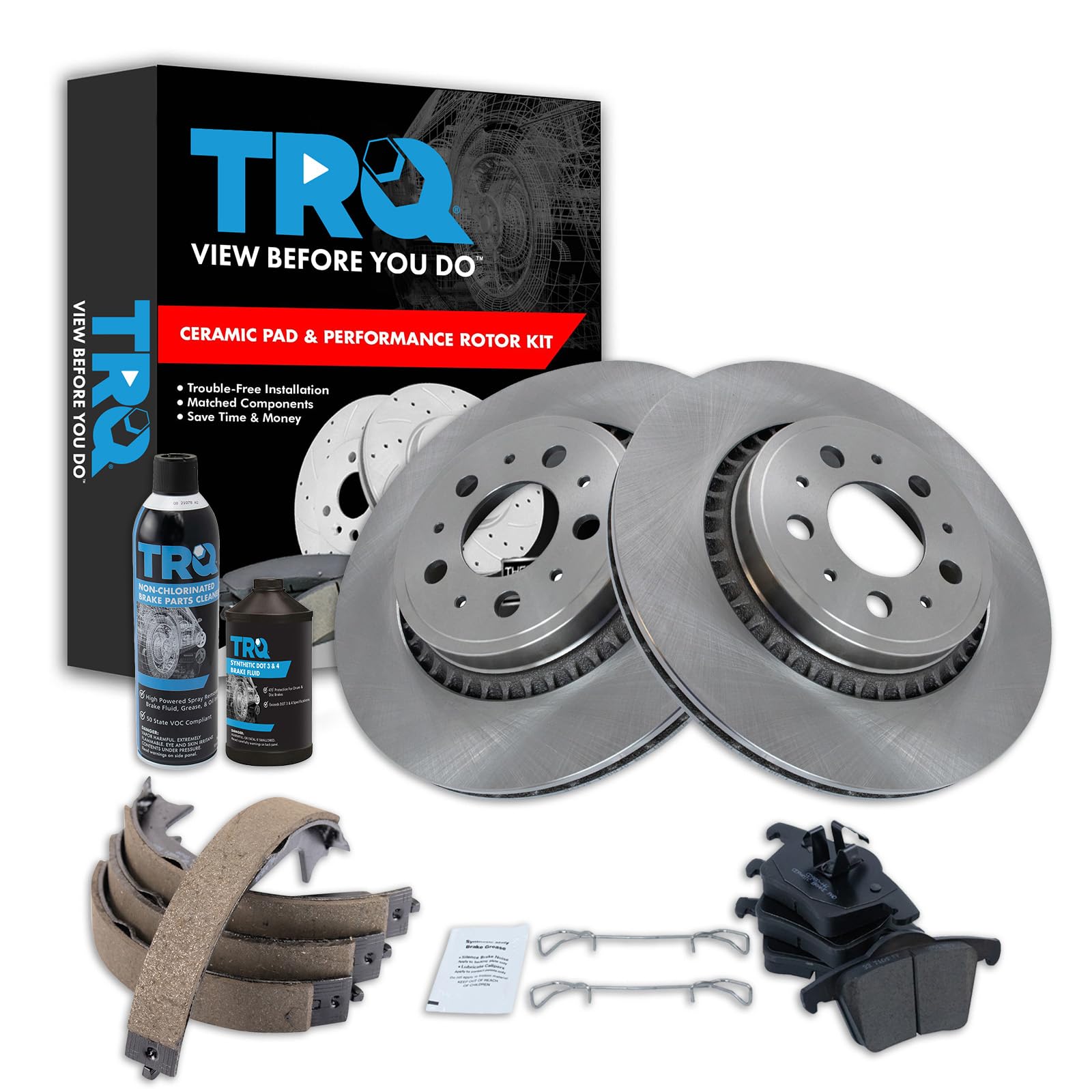 TRQ Rear Brake Pad &amp; Rotor Kit with Chemical Kit Parking Brake Shoe Set
