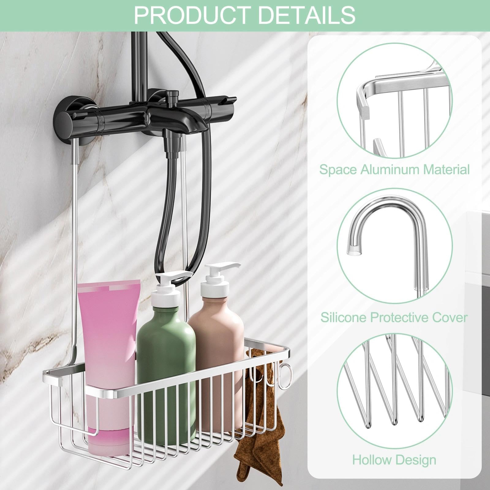 Chiluxendo Estanteria Baño Ducha, Estante Ducha Sin Taladro, Organizador, Cesta Colgante Sin Taladro, Colgador, Soporte, Repisa Baño, Balda, Repisa (Plata) — view 6