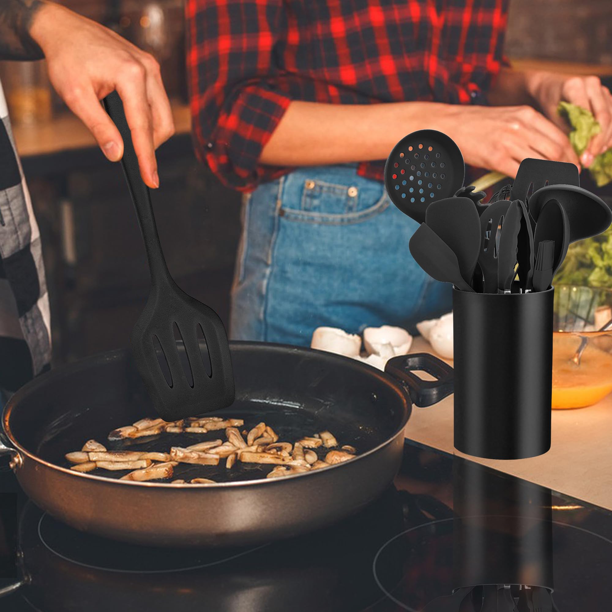 HaWare Set utensile da cucina, 21 pezzi in silicone, antiaderente, pentole con porta utensile, lavabile in lavastoviglie, colore nero