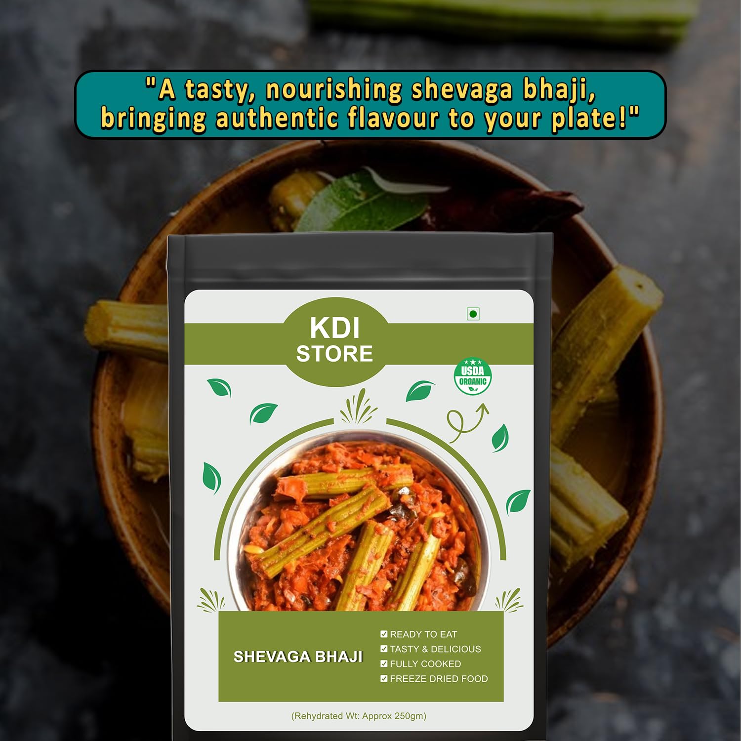 KDI Store Shevaga Bhaji, Ready to Eat Indian Drumstick Curry, USDA Organic, Freeze Dried Food, 250g