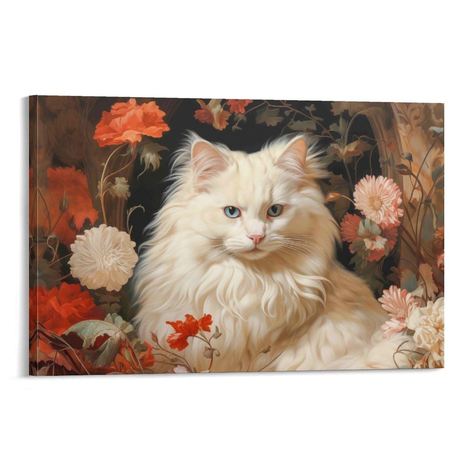 CPLVKWRQJ White Cat with Flowers Individual White Cat in Flower Painting Canvas Wall Decor - Nursery Wall Hanging Space Saving Removable Ready to Hang 08x12inch(20x30cm)