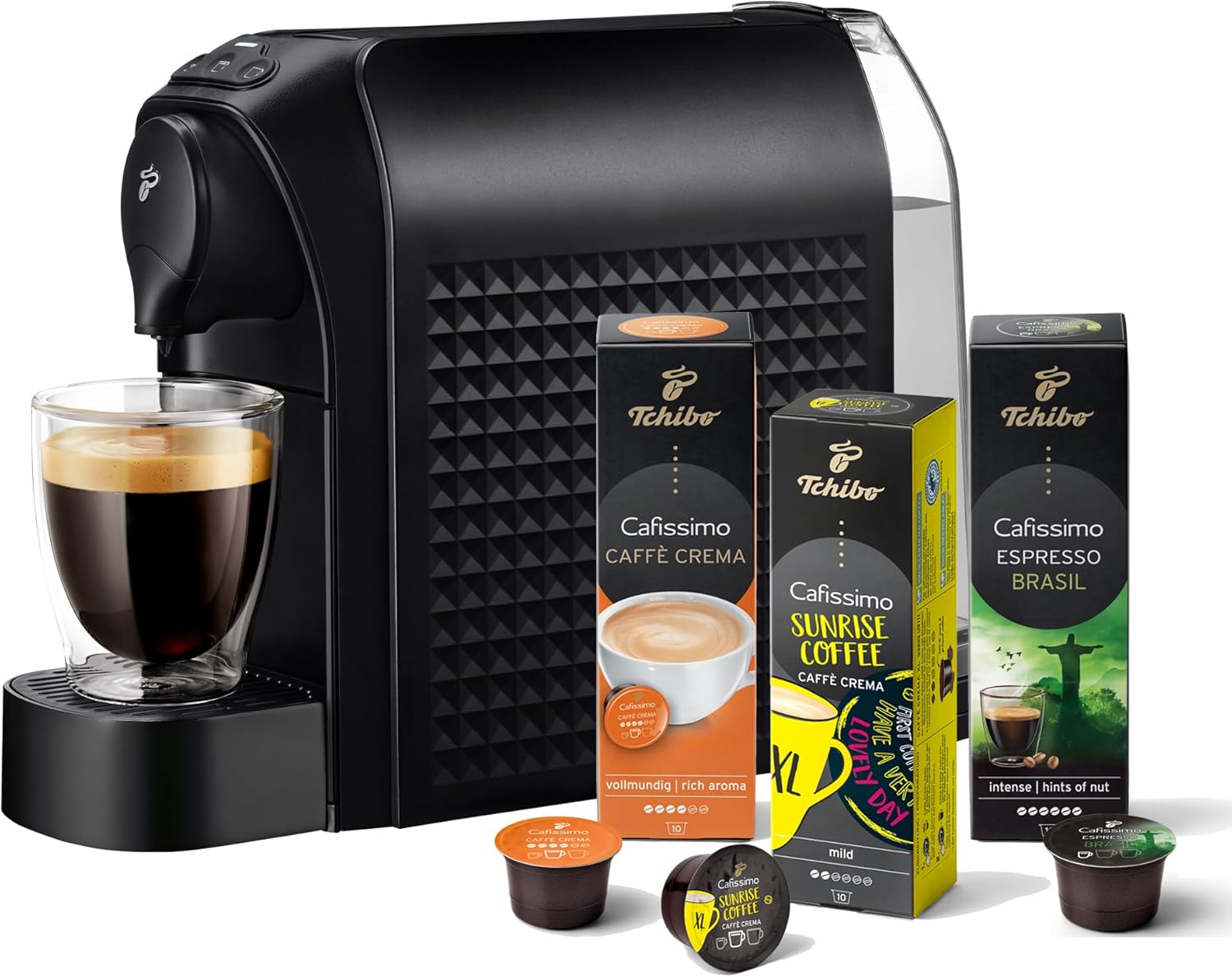 Tchibo Cafissimo Easy Coffee Machine with various coffee capsule boxes