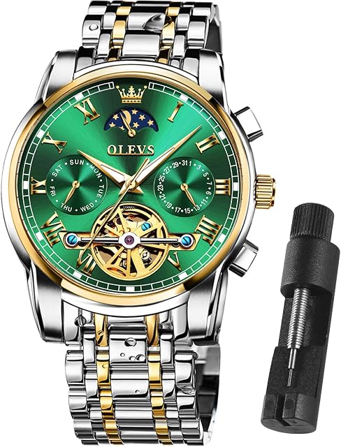 OLEVS Automatic Watches for Men, Big Face Stainless Steel Men Dress Watch, Self Winding Waterproof Men Tourbillon Skeleton Watch, Luminous Day and Date Men Analog Watch