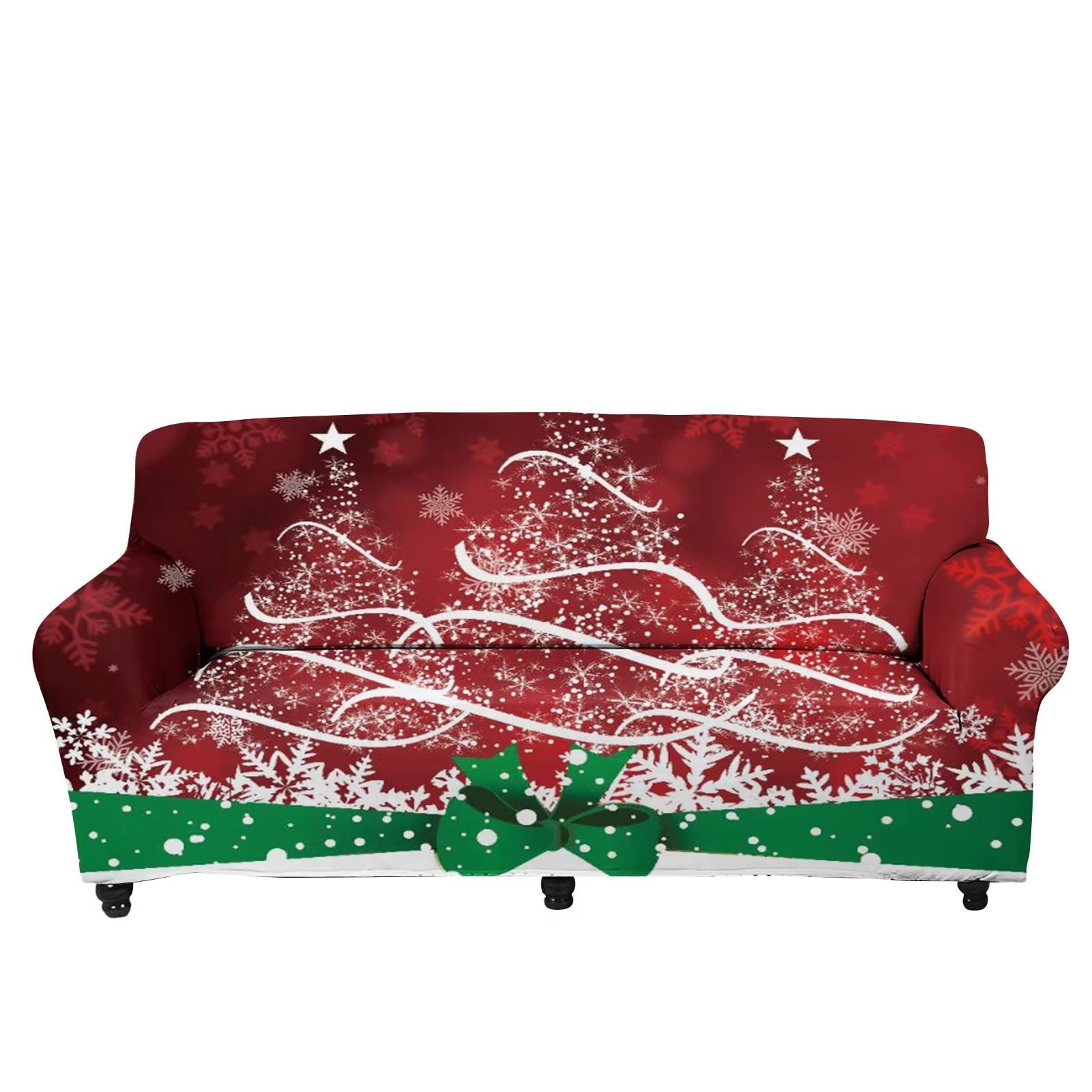 FKELYI Xmas Tree Snowflake Pattern Christmas Decor Stretch Sofa Slipcover Soft Comfort Cushion Cover Washable Furniture Protector-M