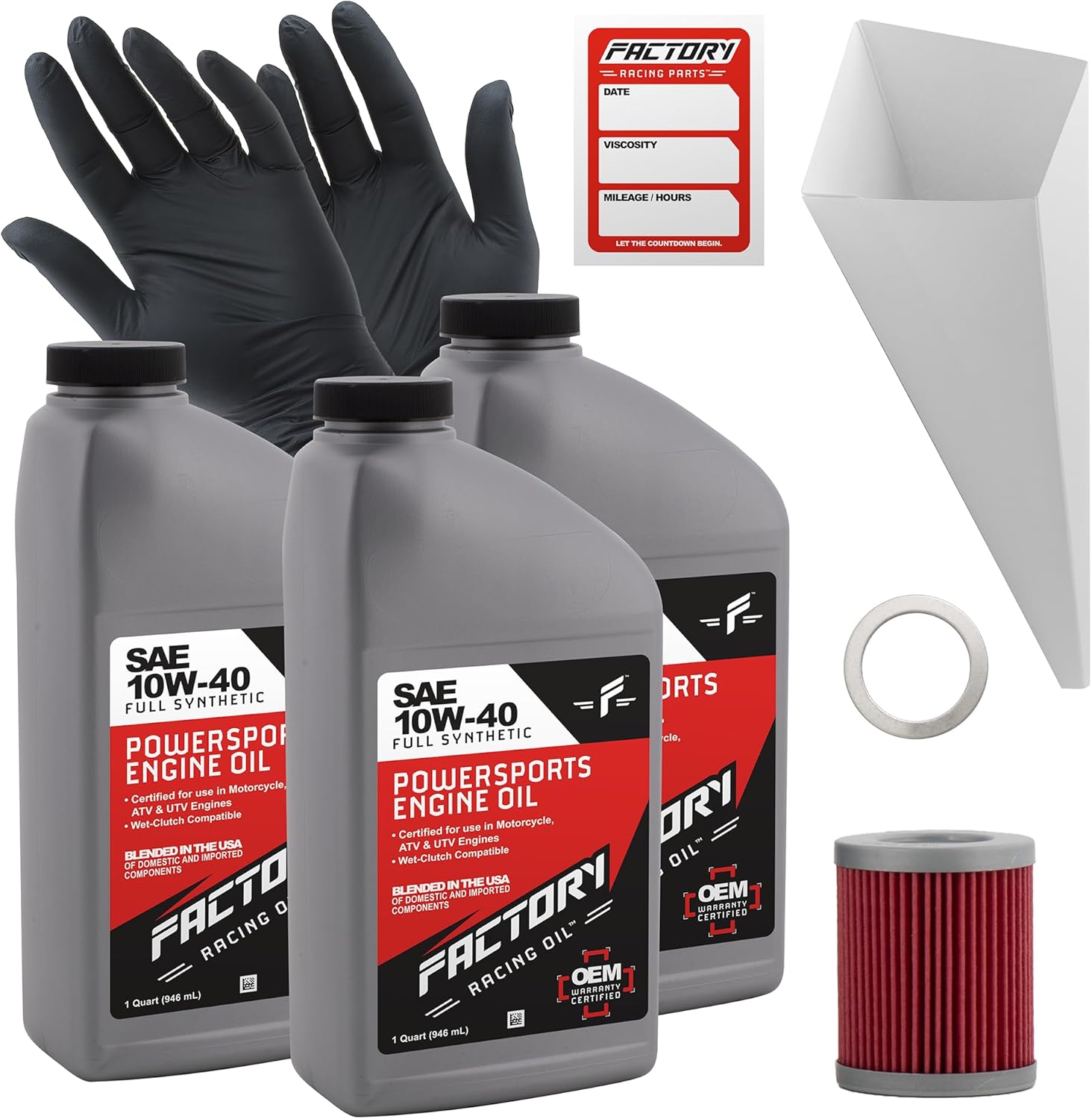 Factory Racing Parts Oil Change Kit compatible with Suzuki LT230E LT-F250 2WD – Includes 3 Quarts of SAE 10W-40 Full Synthetic Oil, 1 Filter, 1 Crush Washer, 1 Funnel, 1 Oil Change Sticker