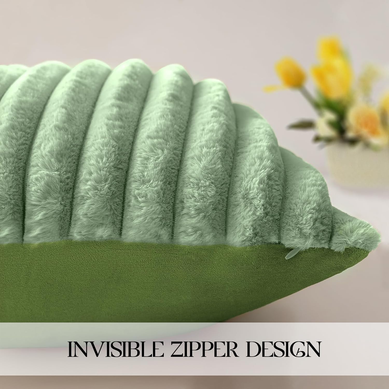 MOSAYT Spring Faux Fur Throw Pillow Covers 22x22 Inch Set of 2, Soft Square Fluffy Striped Modern Decorative Pillow Covers for Sofa Bedroom Living Room, Sage Green