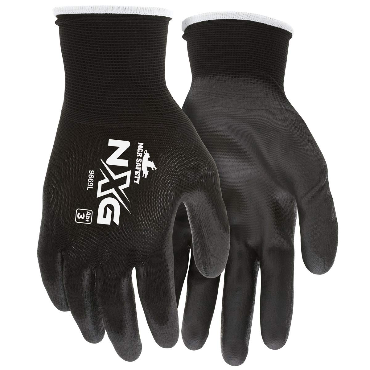 Memphis Glove MCR Safety Work Gloves 13 Gauge Black Nylon Shell, Black Polyurethane Palm and Fingers, 9669 (12 Pair) (XL)