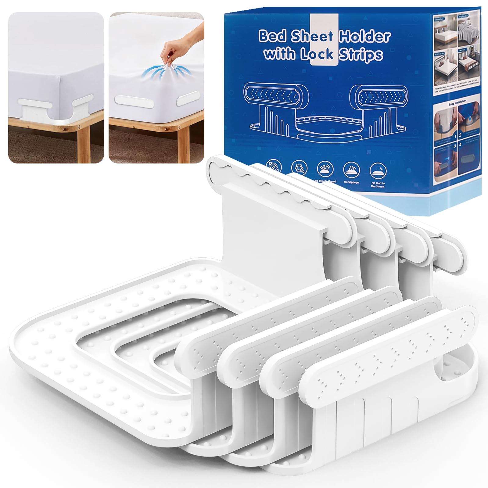 UK 4 Pack Bed Sheet Holders, Non-Slip Mattress Corner Grippers for Deep Pocket Sheets, Universal Fitted Sheet Clips Keep Sheets In Place All Night, Bed Sheet Grippers Suitable for Home & Hotels