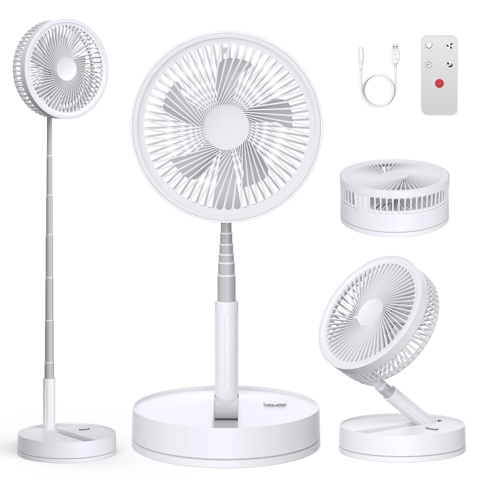 BEOSIOR Portable Pedestal Fan with Remote Control, 8000mAh Rechargeable Battery USB Powered Oscillating Standing Floor Fan, Height Adjustable Foldable Desk Table Fans for Home Office Camping (White)