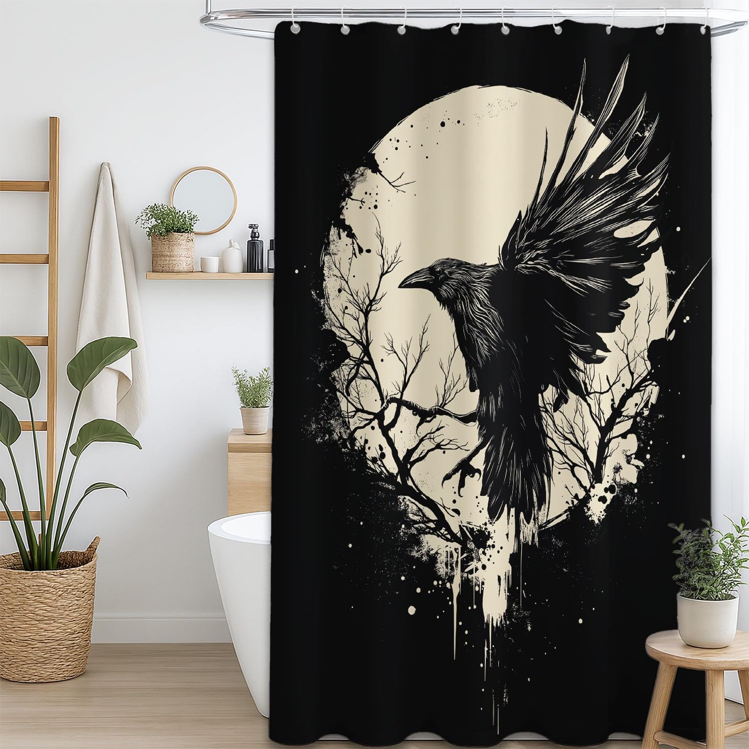 Generico Stile gotico Tenda Da Doccia Fantasia Corvo Paesaggio Nero Beige, Tenda Da Doccia Per Bagno, Vasca Da Bagno, Tenda In Poliestere Impermeabile Con Ganci In Plastica, 180 x 200 cm