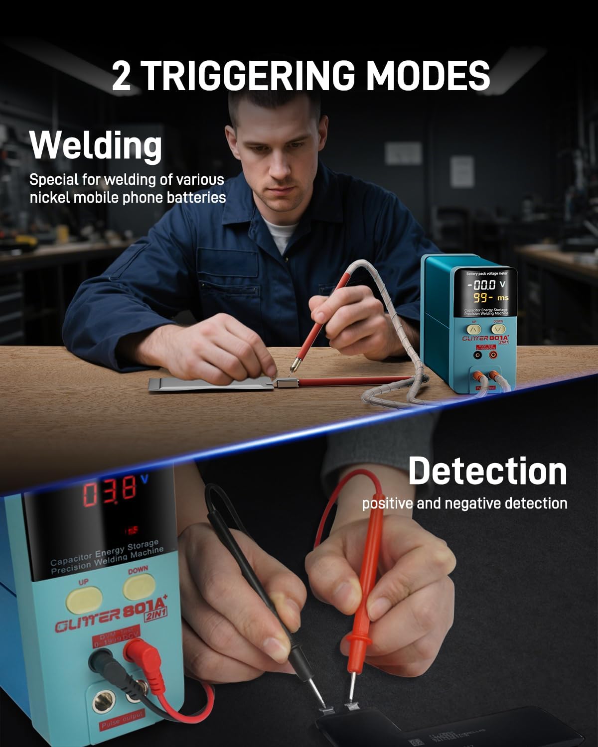 GLITTER Spot Welder & Voltage Tester, 11600W 1800A Battery Spot Welder, Measure 0-199V Battery Voltage, 99 Gears Capacitor Spot Welder for Lithium Batteries, Battery Welder for 18650 DIY Kit, 801A+