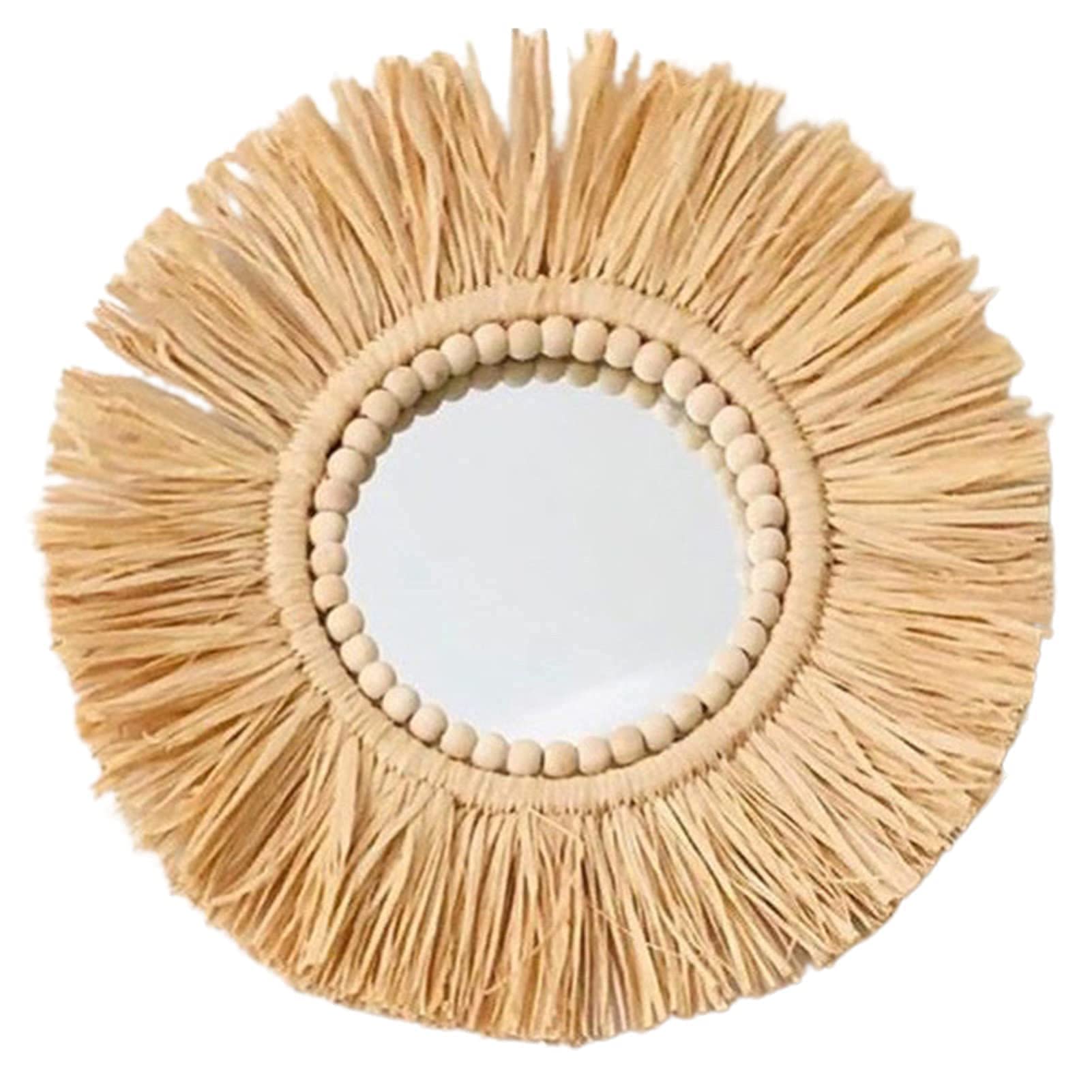 Espejo colgante para pared, espejo con cuerda y pajilla, cuentas de madera marroquí, adorno acrílico para el hogar, habitación, entradas