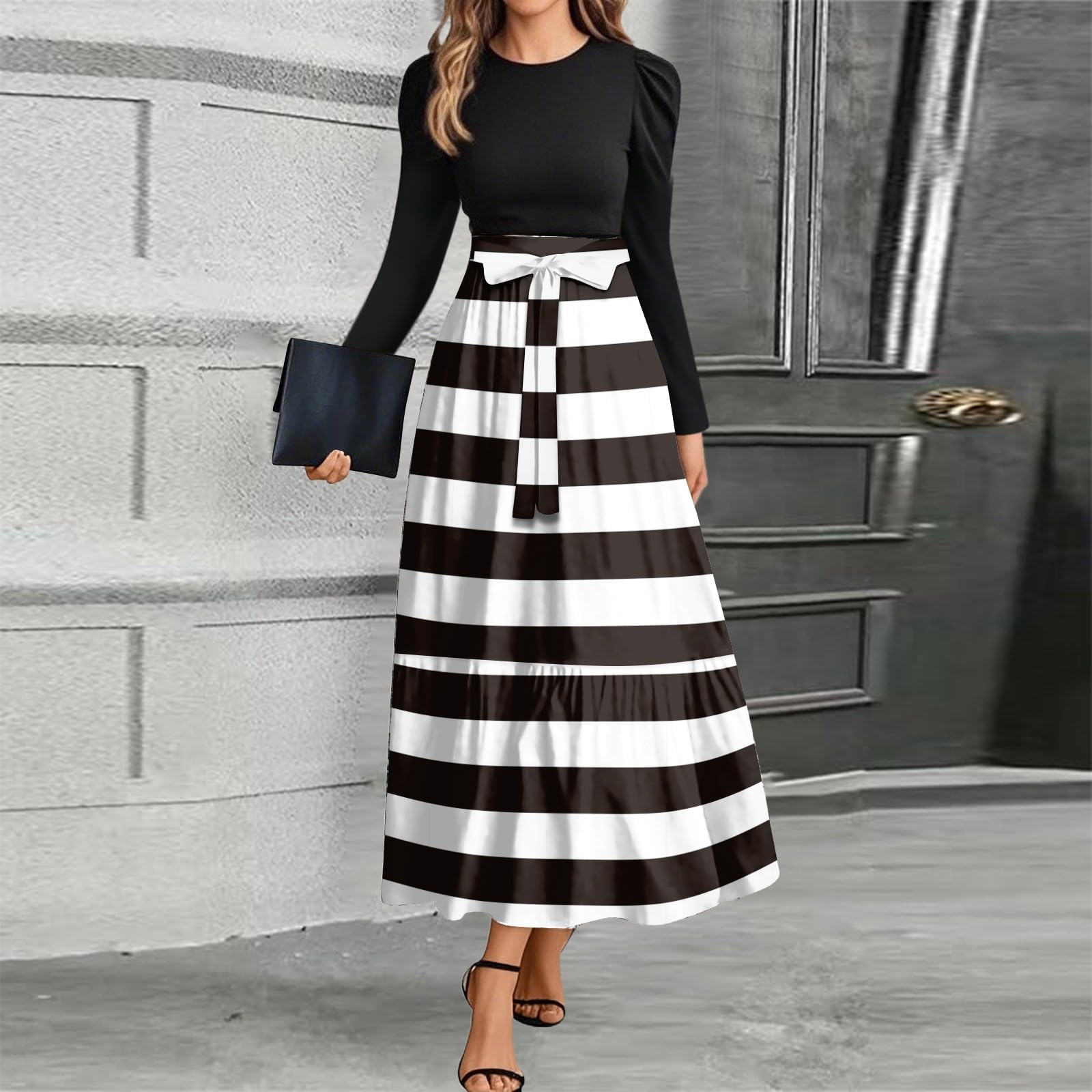Vestidos de verano para mujer, hasta la rodilla, vestidos de verano de manga larga | Vestido de otoño con cuello redondo y ligero, elegante, entallado, elegante, de vacaciones, de manga larga