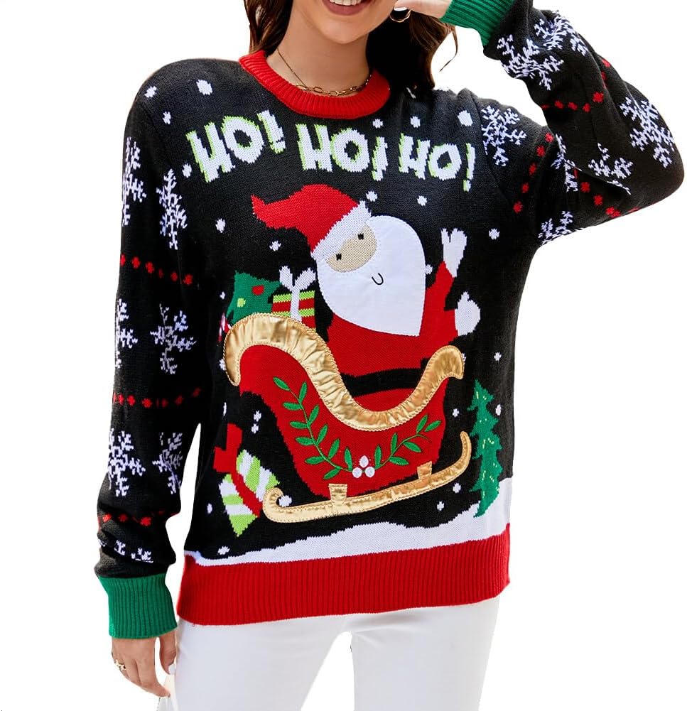 Christmas Sweater Plus Size for Women, Classic Santa Claus Print Ugly Pullover Knitted Long