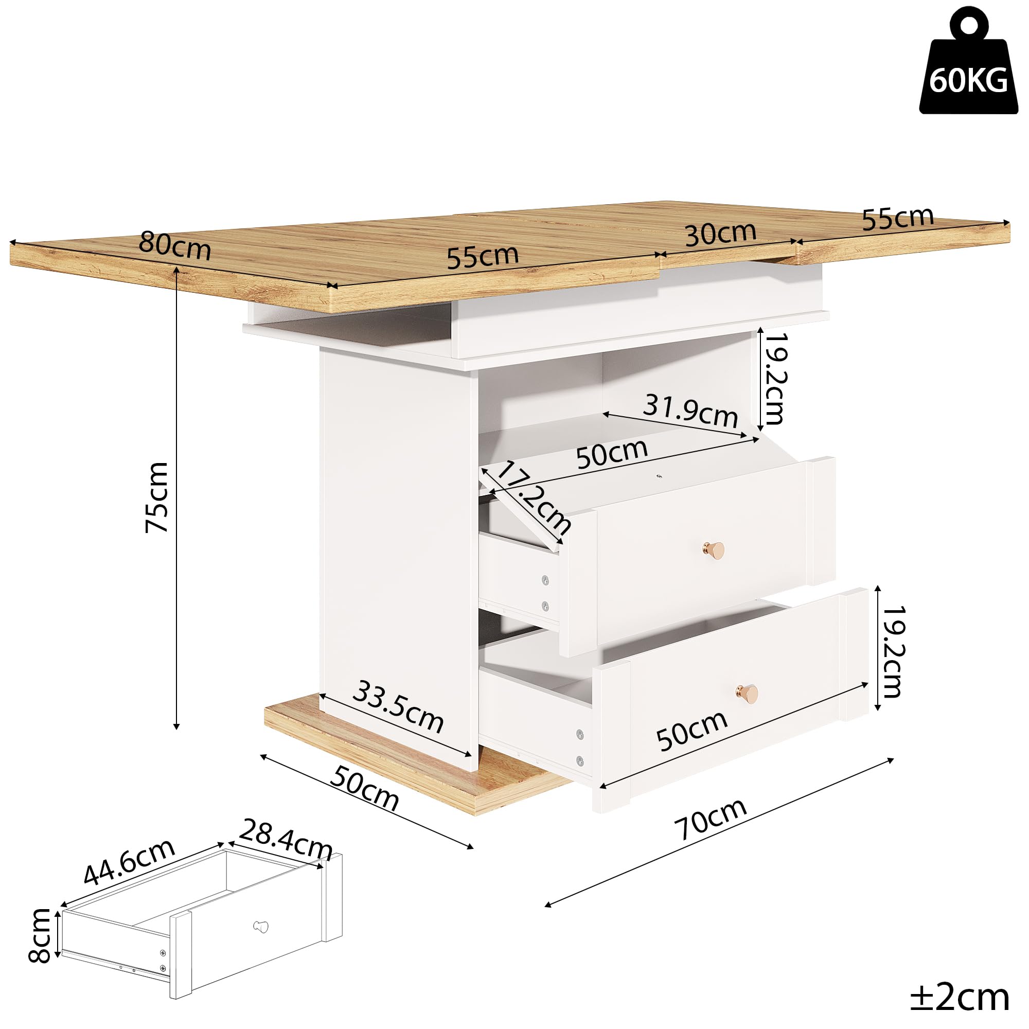 Merax Esstisch Ausziehbar, Esszimmertisch Küchentisch mit ausziehbare Tischplatte, Schubladen und Klapptüren, Säulentisch rechteckig, Teleskoptisch für 4-6 Personen, 110-140x80 cm, Holzoptik & Weiß