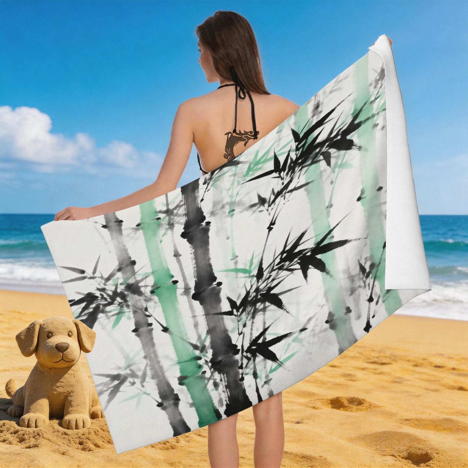 Leichong Men's Black & White 3D Ink Wash Bamboo Beach Towel Large Microfiber Soft Quick Dry For Adults, Chinese Style Bath Towel Lightweight Soft Absorbent For Travel Swimming Pool Sports, 80 X 160 Cm