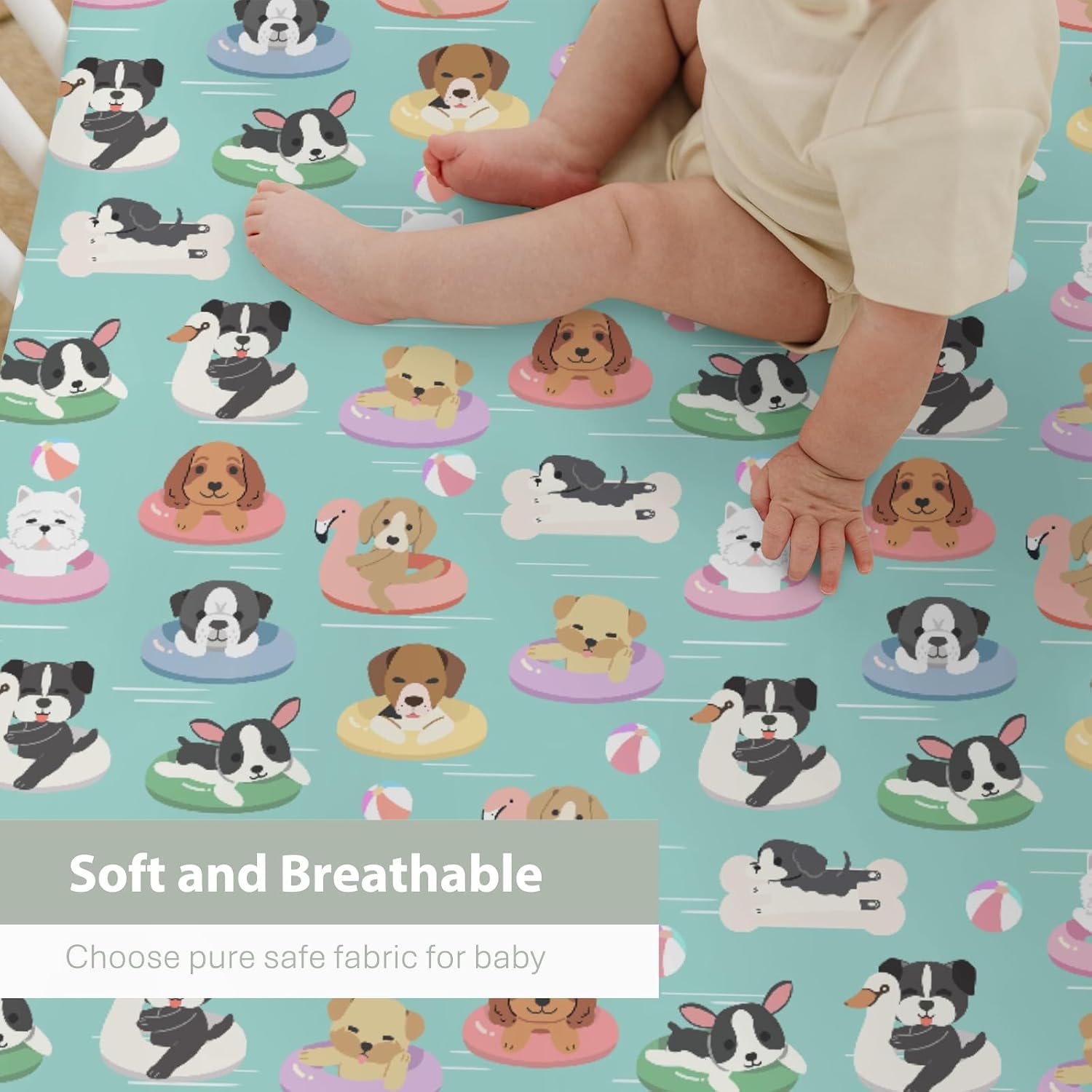 Cute Dogs on Floats Baby Crib Sheets for Boy Girl 52x28Inch Puppy Pool Party Summer Soft Snug Fitted Crib Mattress Covers Dogs Lovers Gift Nursery Baby Sheet for Standard Crib & Toddler Mattress Pad