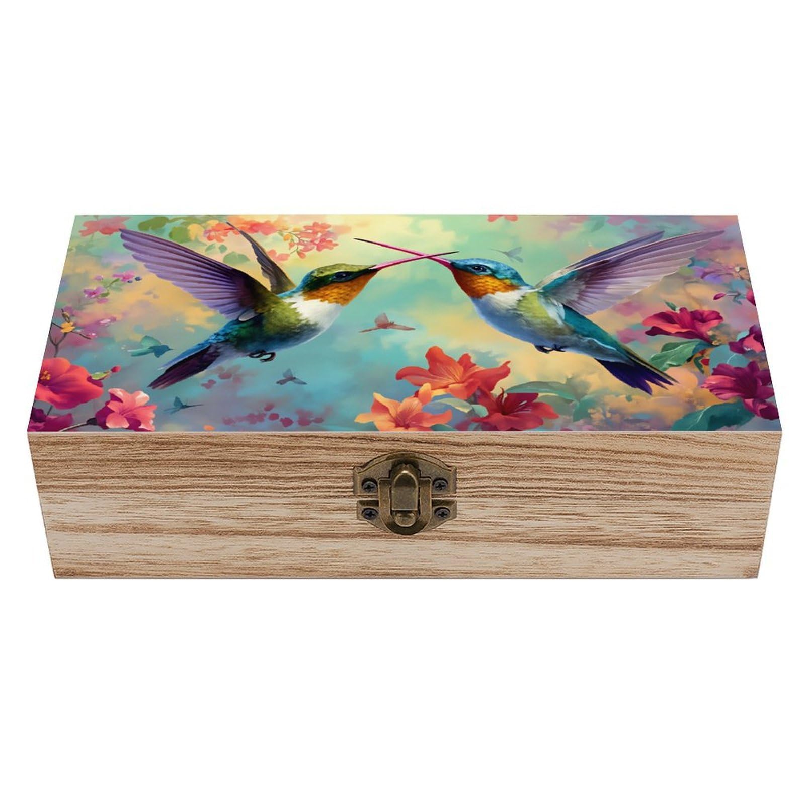 SMAZDFXX Hummingbirds Floral Garden Wooden Keepsake Box Vintage Solid Wood with Hinged Lid 7.9"×3.7"×2.3" Metal Latch Rustic Home Decor for Jewelry Photos And Trinkets