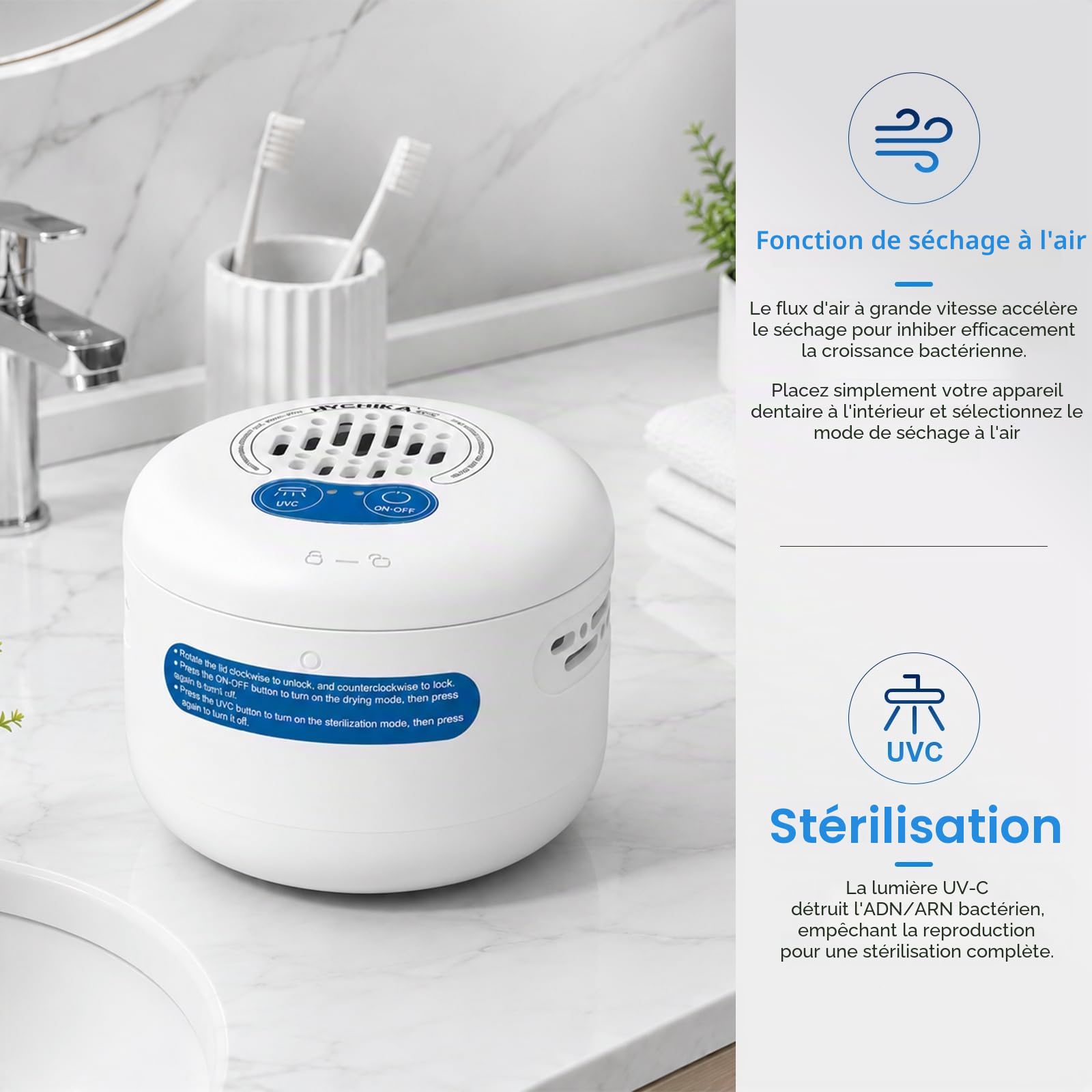 UV Boite Appareil Dentaire avec Séchage à l'air et Stérilisation UV.Compatible avec Appareils de Contention,Prothèses Dentaires et Dentiers.(PAS une machine de nettoyage) Blanc.