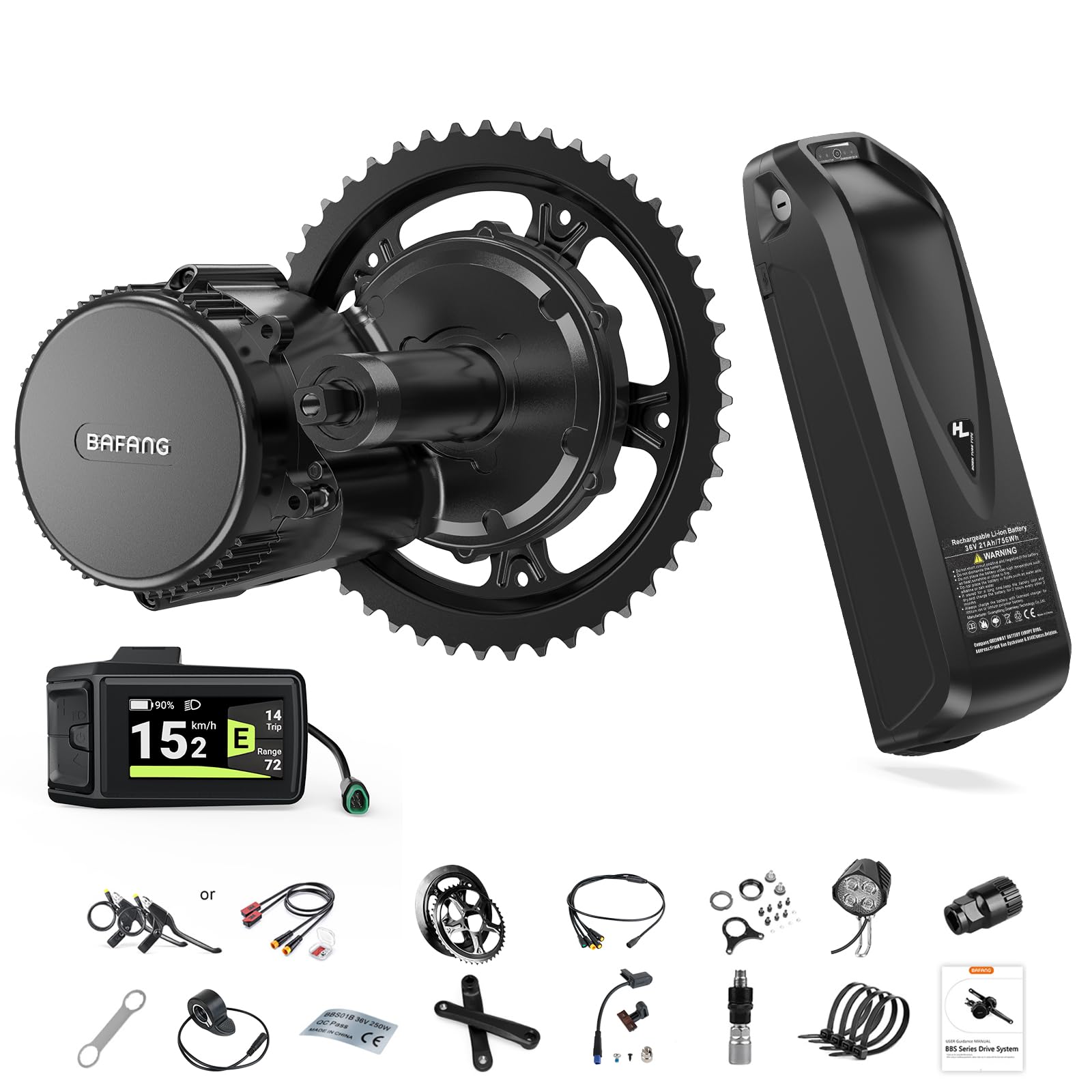 BAFANG Mittelmotor 48V 250W E-Bike Umbausatz mit 8fun DPC080 E-Bike Display GO App und 48V13Ah Batterie, BBS01B CAN Version Elektrofahrrad Kit für