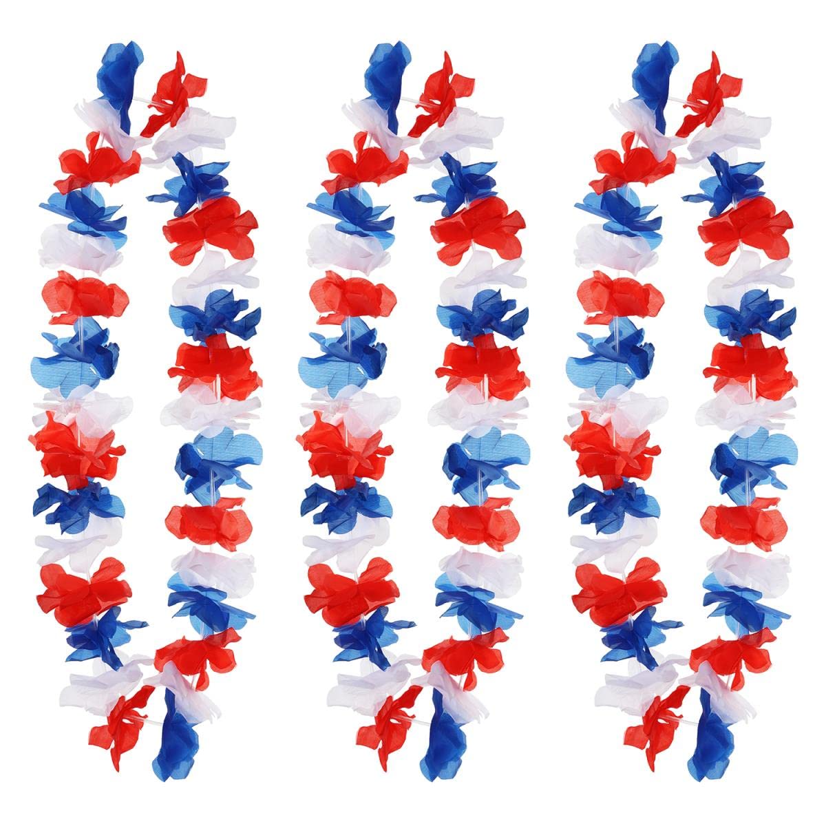 I LOVE FANCY DRESS VE Day Union Jack Theme Hawaiian Flower Lei - 3x Red, White and Blue Necklace British Colours Coronation Sports Supporters