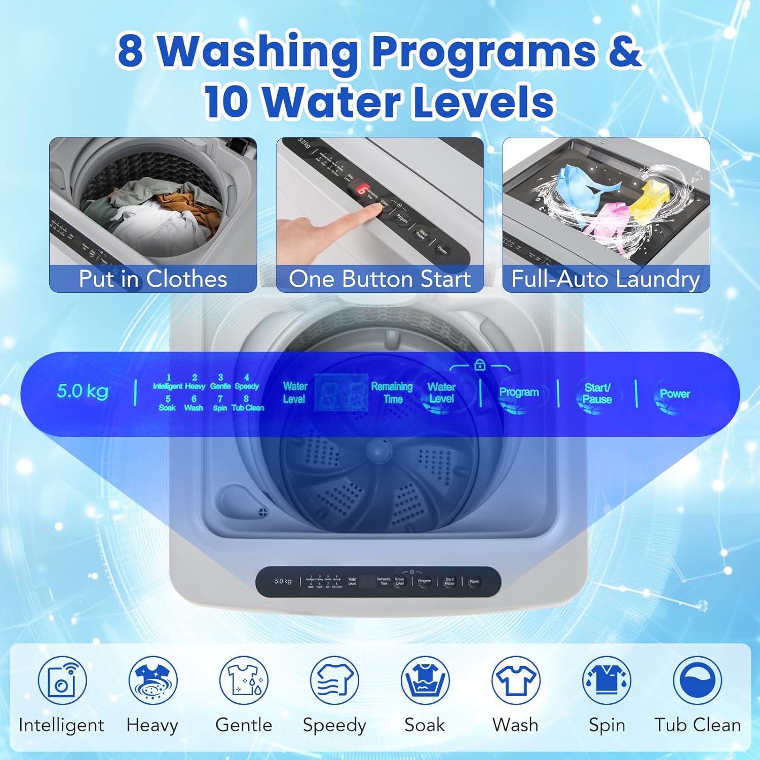 COSTWAY Portable Washing Machine, 11 LBS Full Automatic Portable Washer with 8 Modes, 10 Water Levels, LED Display & Built-In Drain Pump, 1.5 Cu.Ft. Washer & Spinner Combo for Apartment RV (Grey)