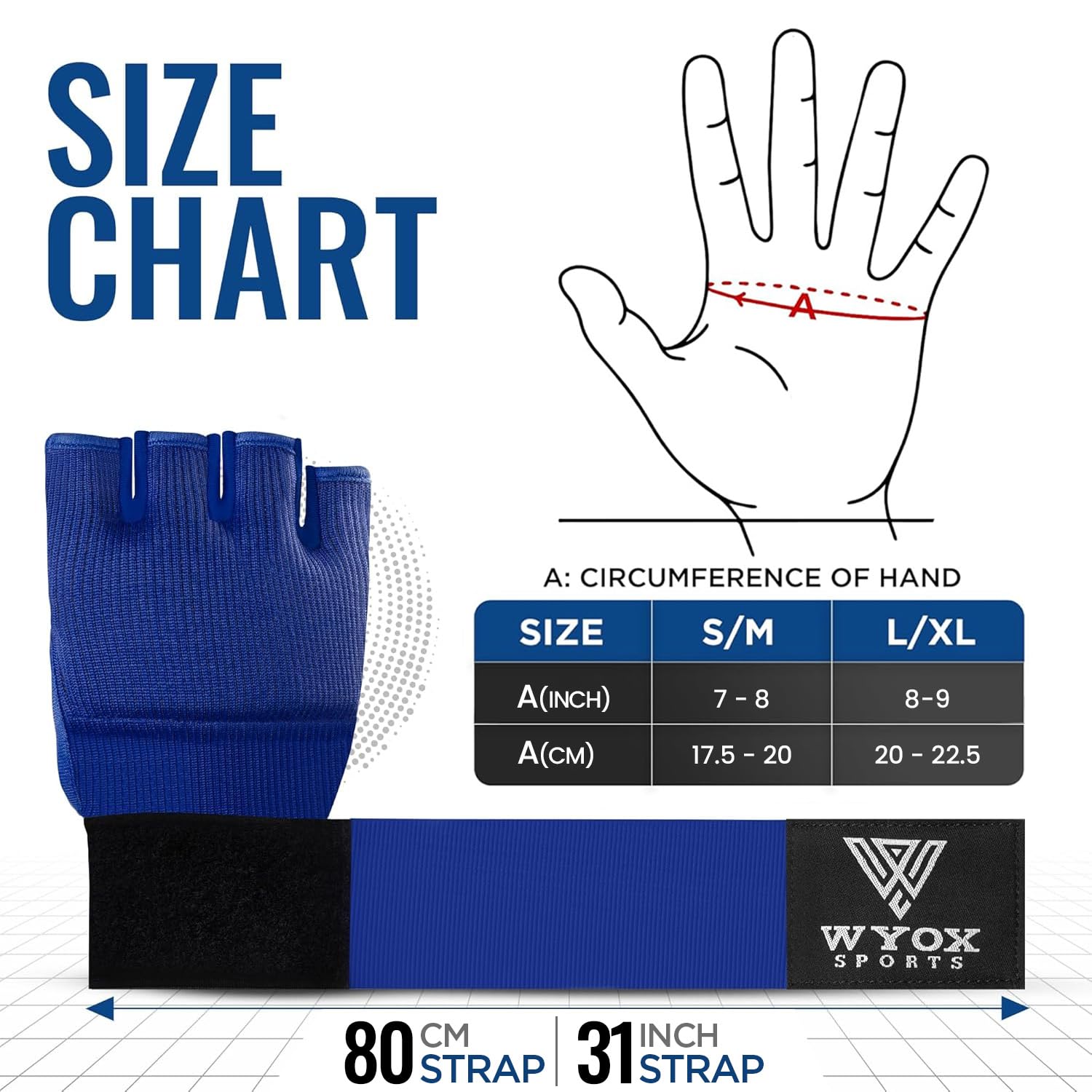 WYOX Guantes interiores de boxeo de gel para hombres y mujeres, correa de muñeca rápida de 80 cm, soporte acolchado para nudillos, sin dedos, artes marciales mixtas, Muay Thai, kickboxing, para