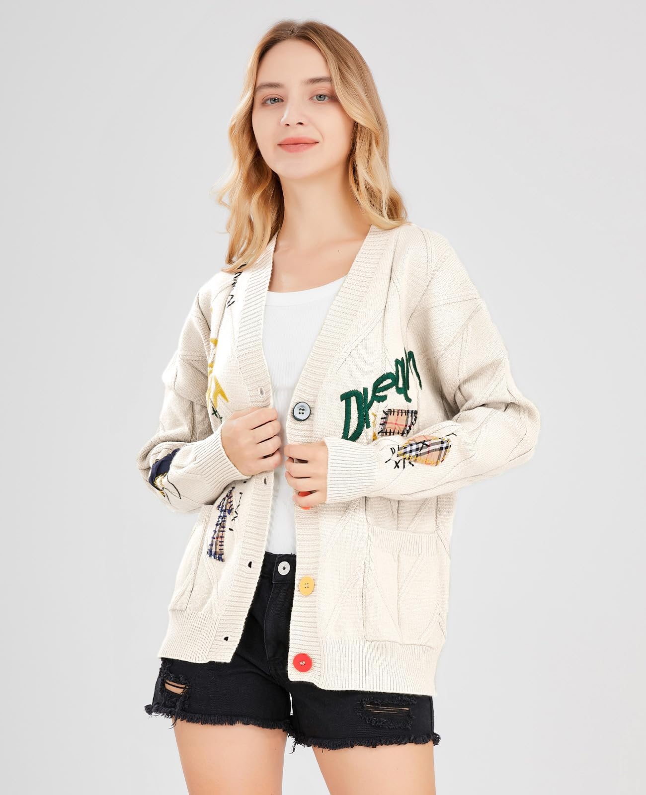 Cárdigan de punto trenzado para mujer, manga larga, frente abierto, oveja, cuello de pico, botones, bordado, mezcla de lana, abrigo para exteriores