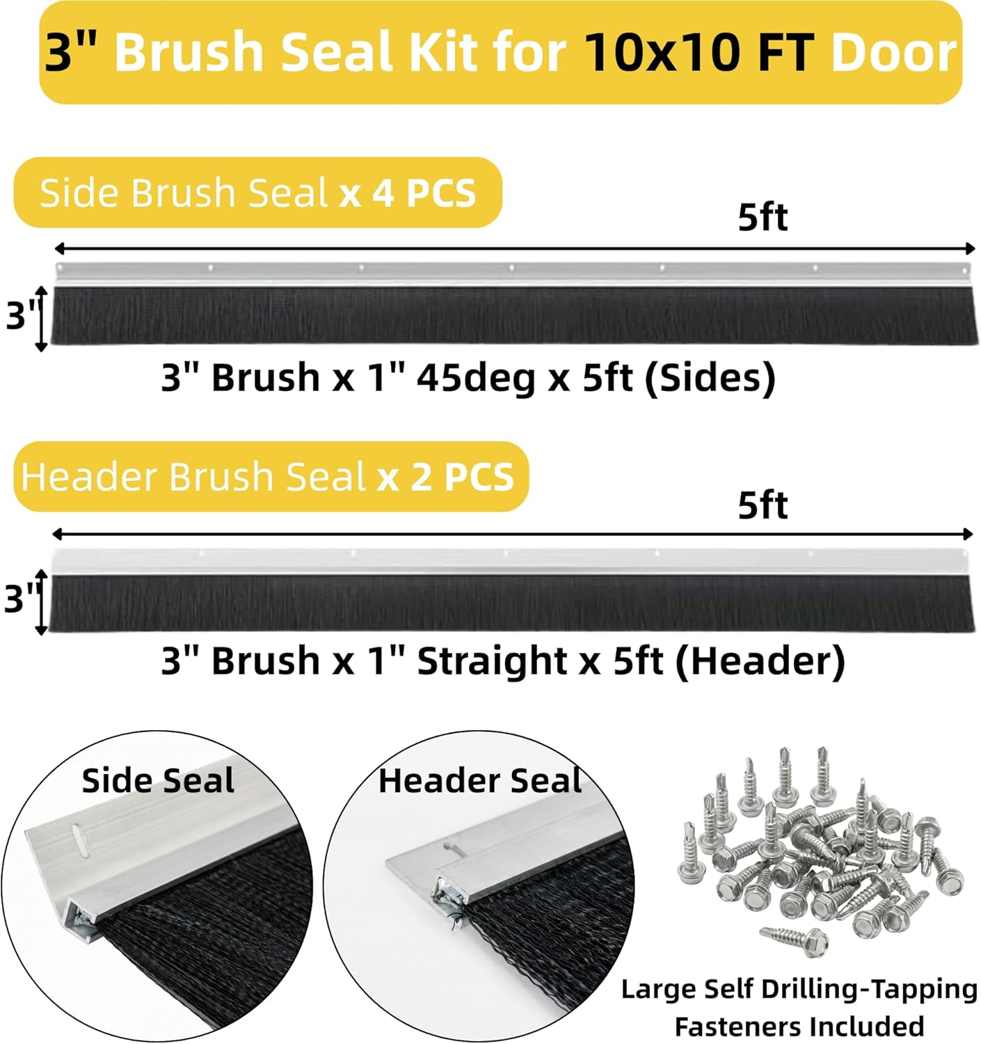 30 FT Garage Door Brush Seal Kit for 10'W X 10'H Doors, 3" High-Density Long Nylon Bristle with Pre-Drilled Aluminum Track, Complete Top and Side Weather Stripping for Roll Up Commercial Doors