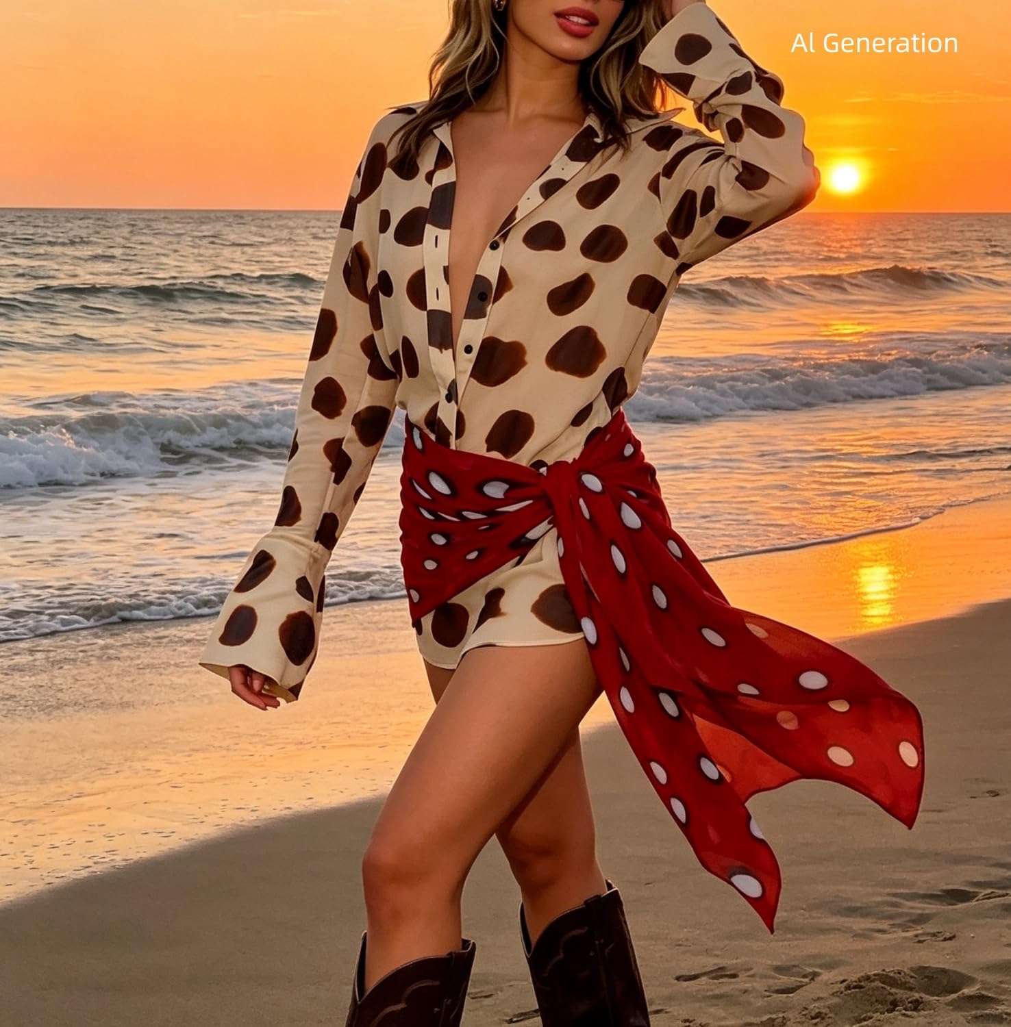 Minivestido camisero con estampado animal y bufanda cruzada en contraste