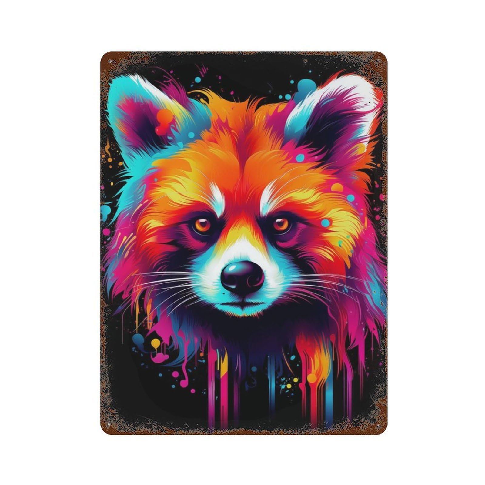 Neon Red Panda Aged Metal Wall Plaque 15.7"x11.8", Ideal for Garage, Bar And Workshop Decor