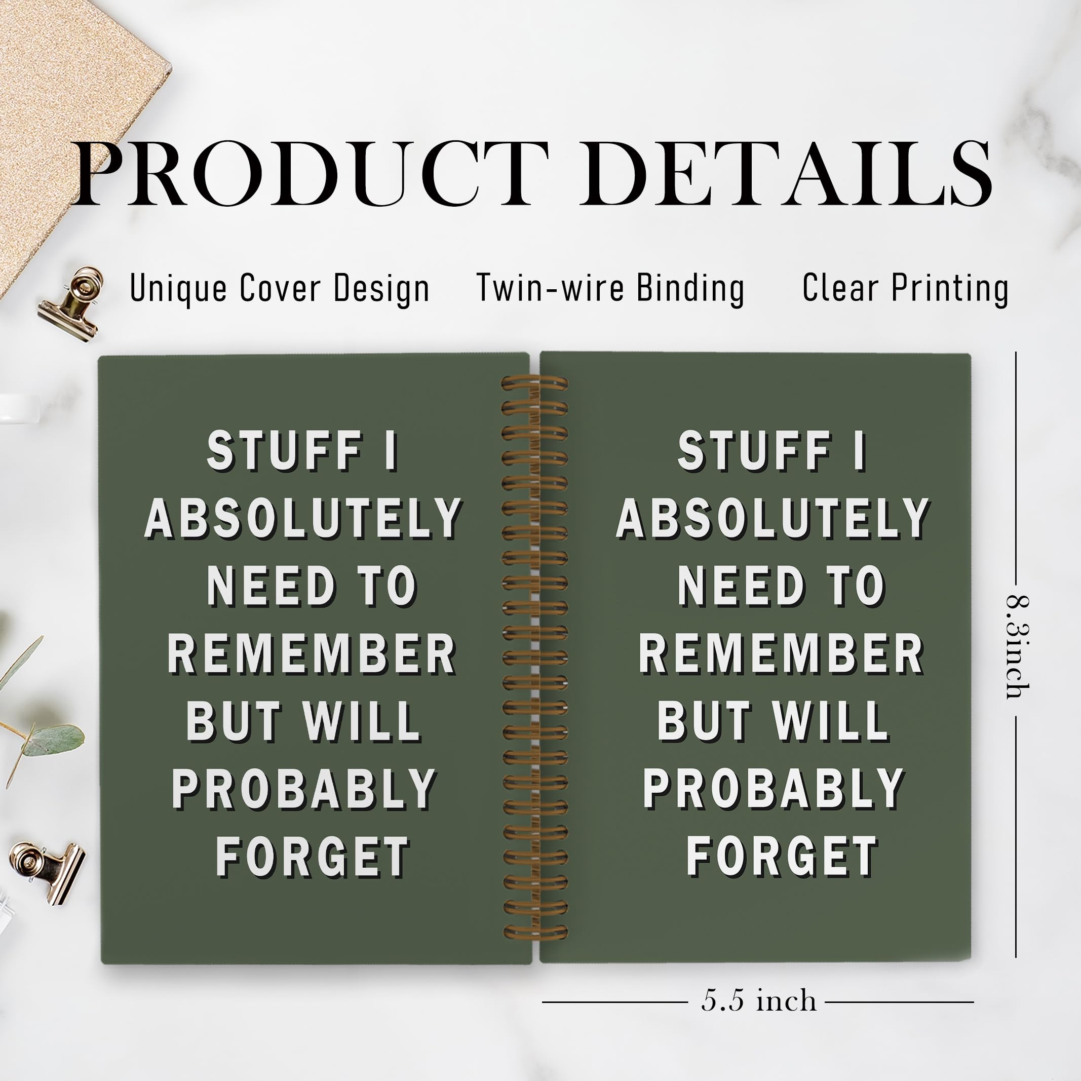 QLMX Funny Green Office Spiral Notebook, Funny Green Office Supplies Gifts for Coworkers Women Men, Stuff I Absolutely Need to Remember Journal, Humor Notebooks for Work, 5.5x8.3