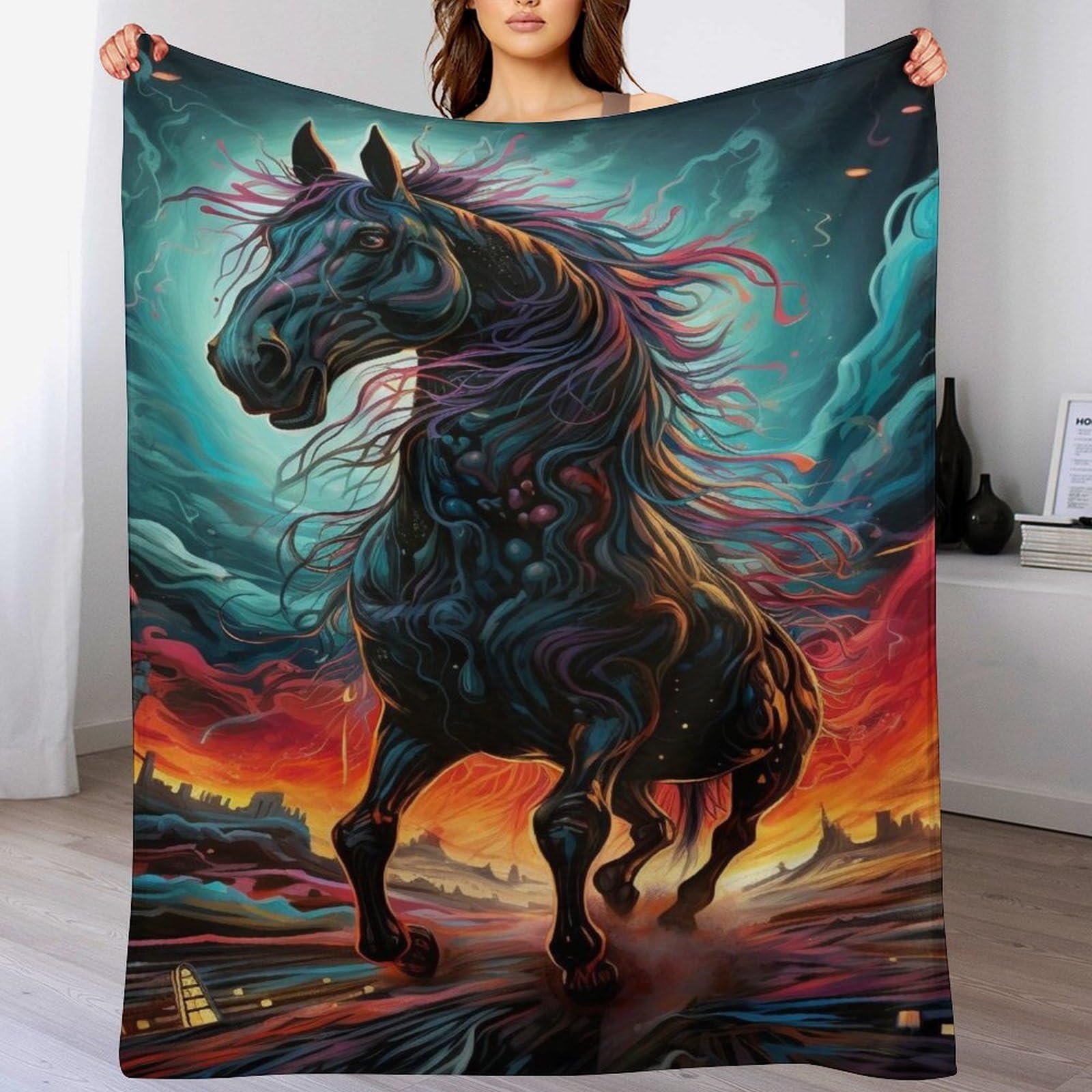 Plaid couverture en flanelle motif cheval 150x200cm jeté de lit doux