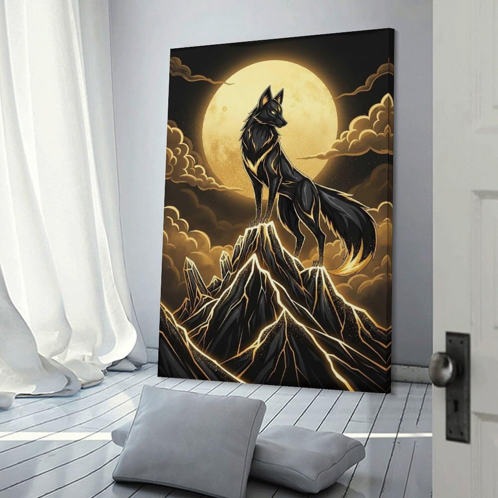 Junmoney Frame-Style-1-1 Golden Wolf On Crystal Mountain Wall Picture Print 20X30inch(50X75cm), For Lounge Decor, Offices Or Entryway Styling, Versatile Wall Decor For Many Rooms
